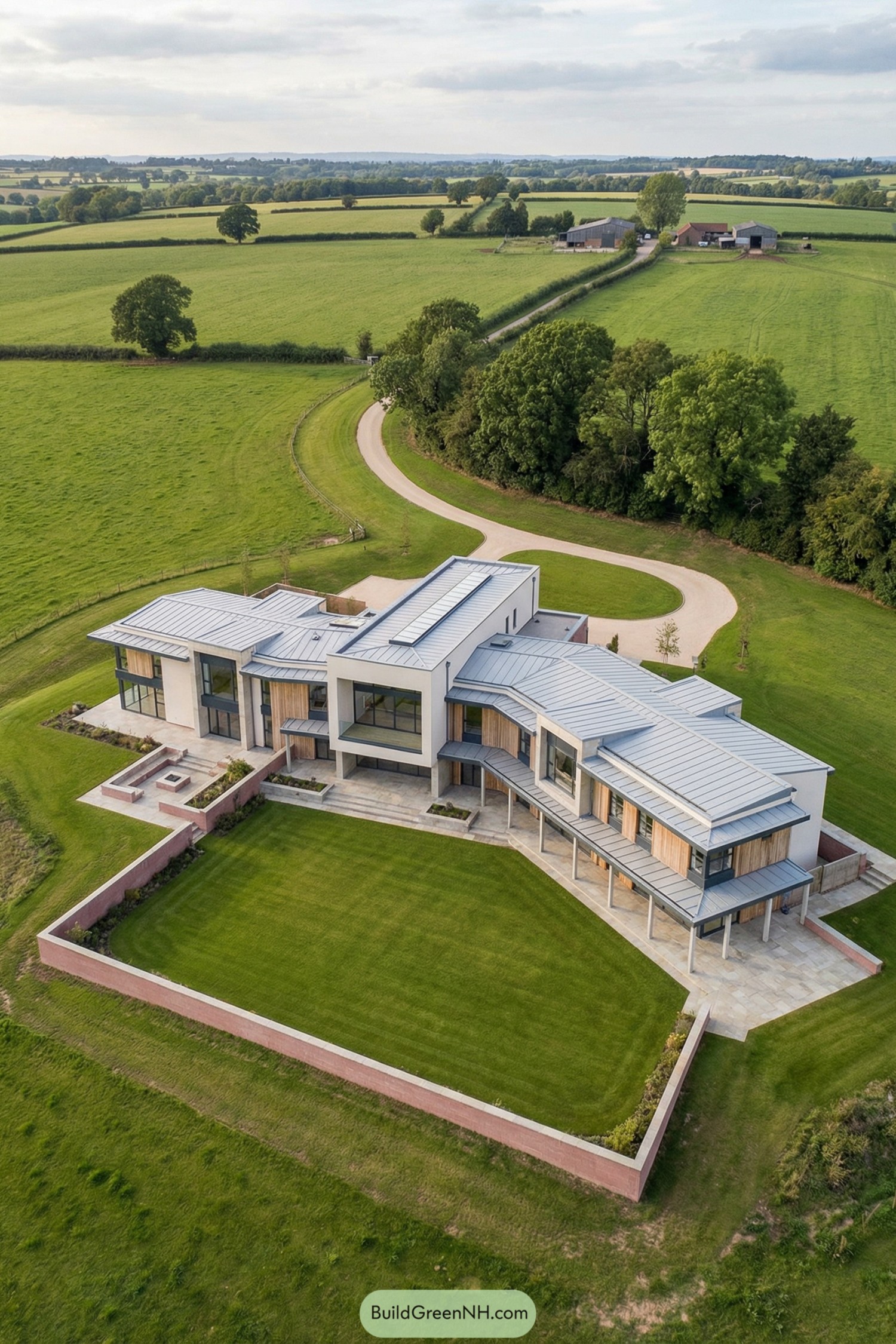 Modern L-shaped country mansion with metal roofs overlooking expansive green fields