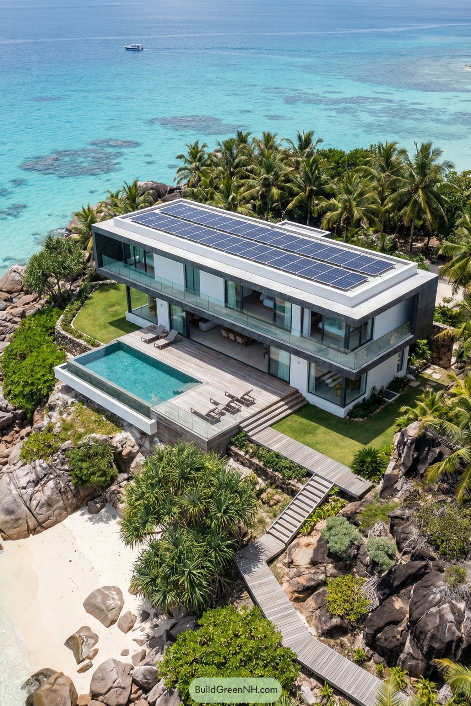 Modern white beachfront villa with solar roof, infinity pool, and glass balconies overlooking turquoise water