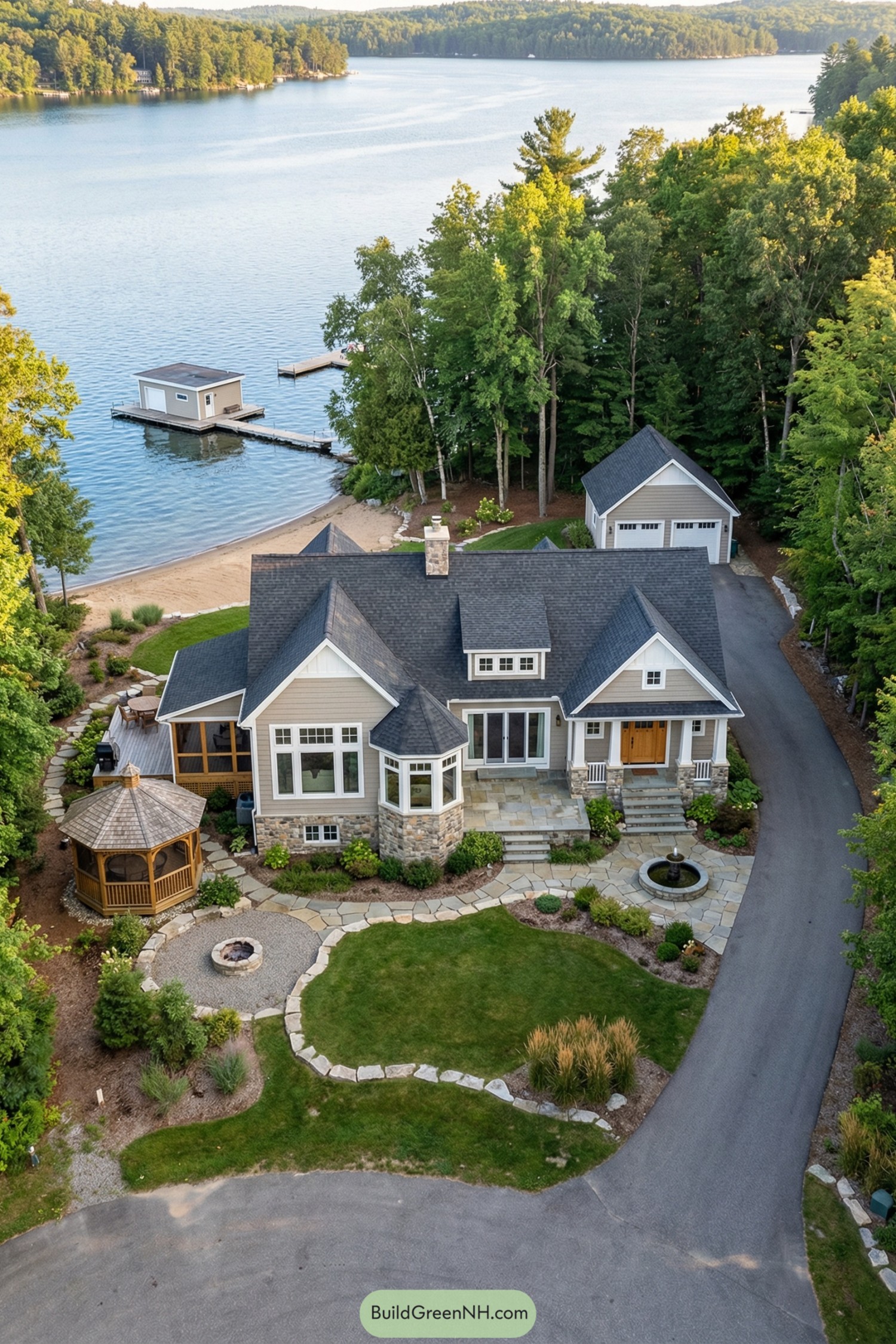 Aerial view of a craftsman-style lake house with gazebo, landscaped courtyard, and private dock on a calm lake