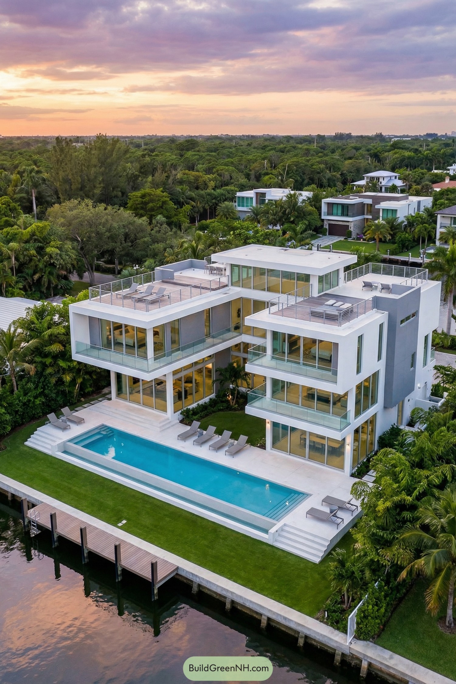 Modern white waterfront villa with long pool