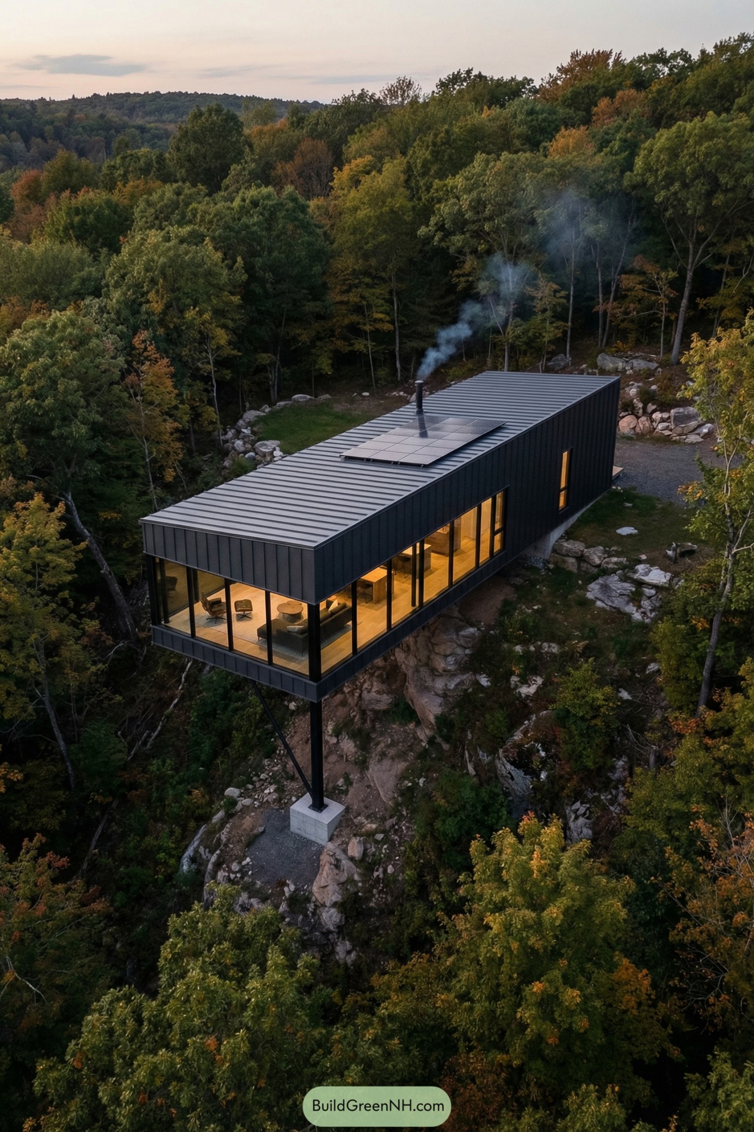 Modern black cabin cantilevered over a rocky forest hillside, supported by a single steel column with large glass walls glowing warmly