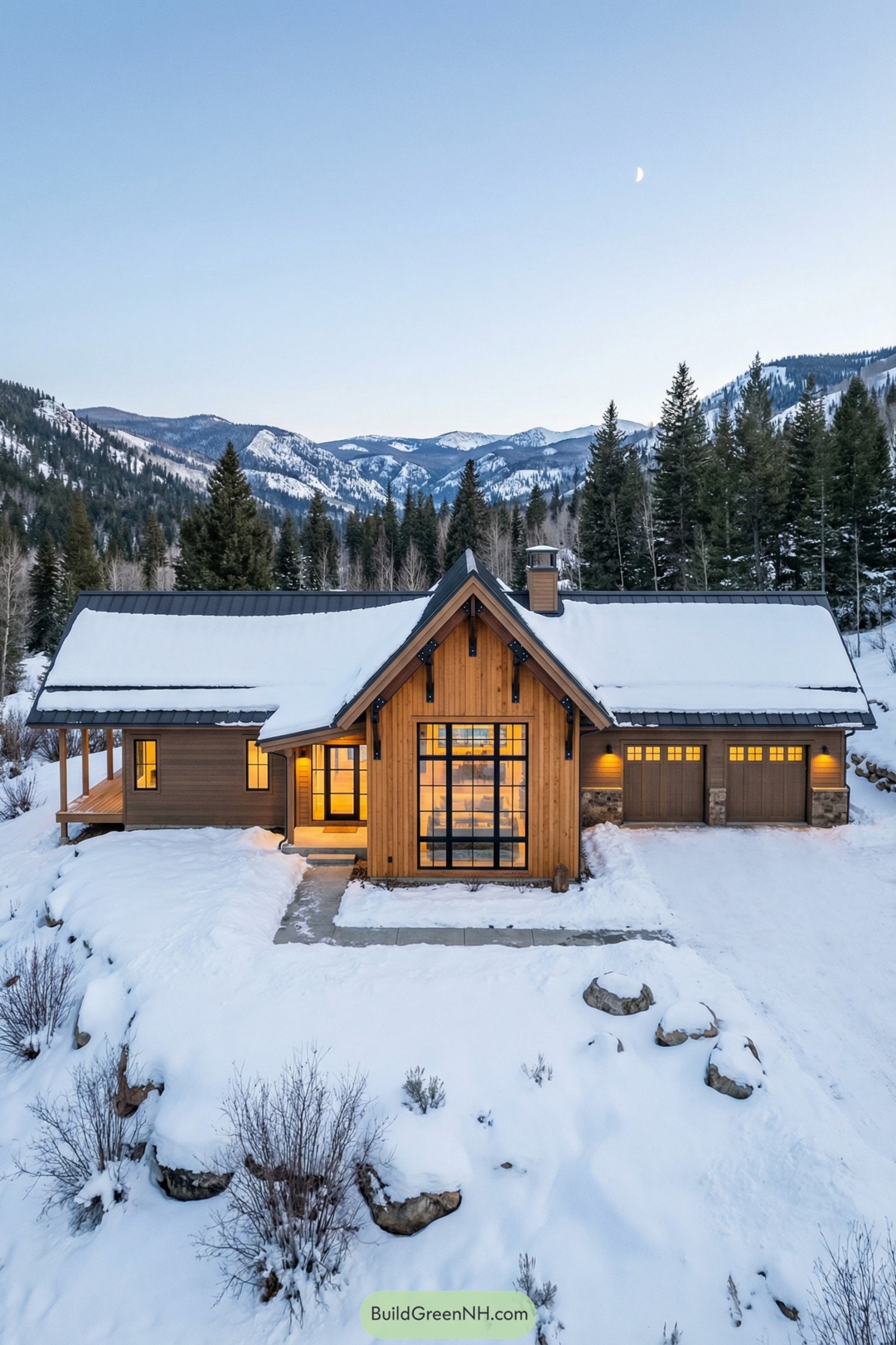 Warm wood-sided mountain ranch house with large central window wall, metal roof, and attached three-car garage in snowy alpine setting