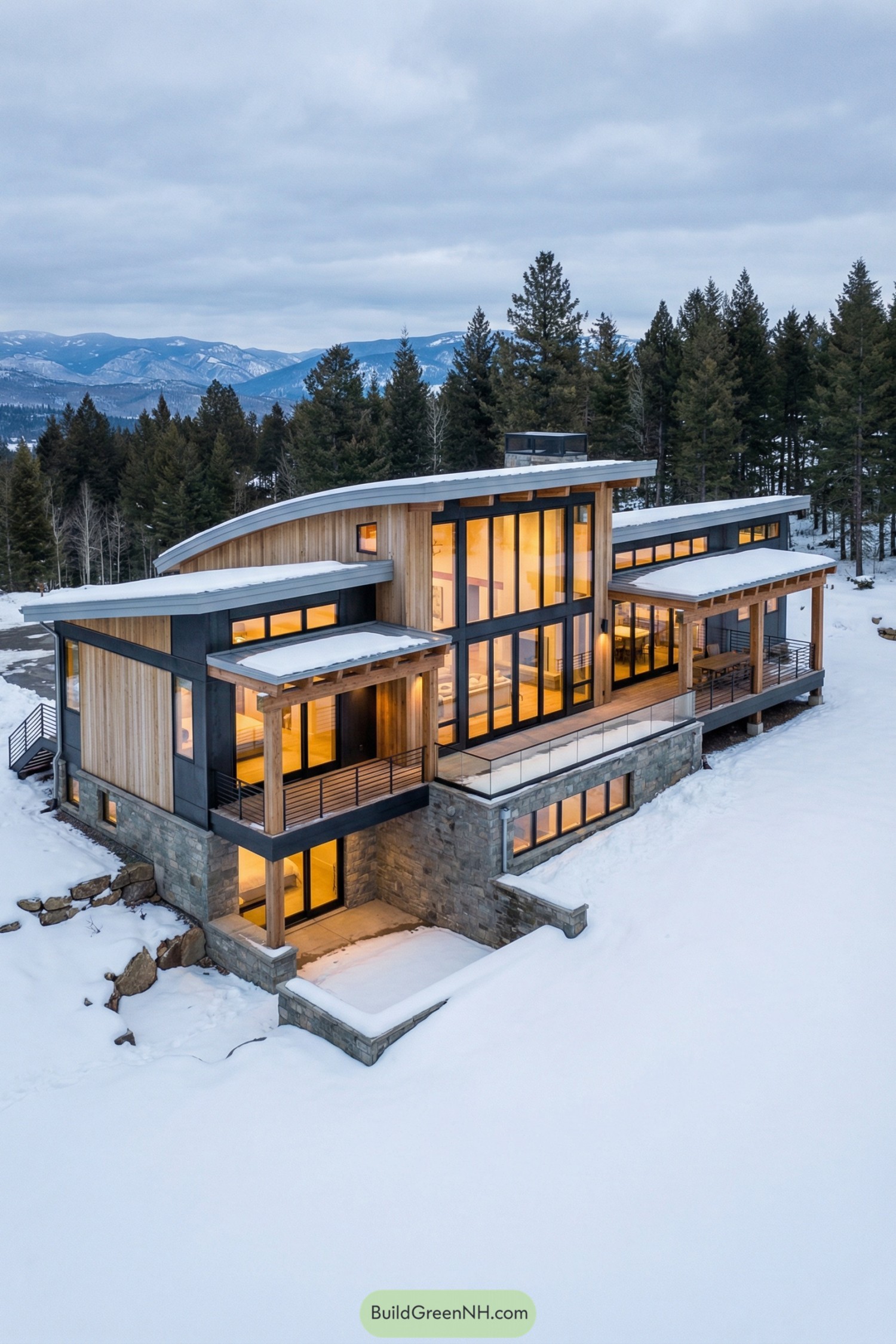 Modern mountain ranch home with curved metal roof, tall glass walls, and wood and stone exterior in a snowy forest setting