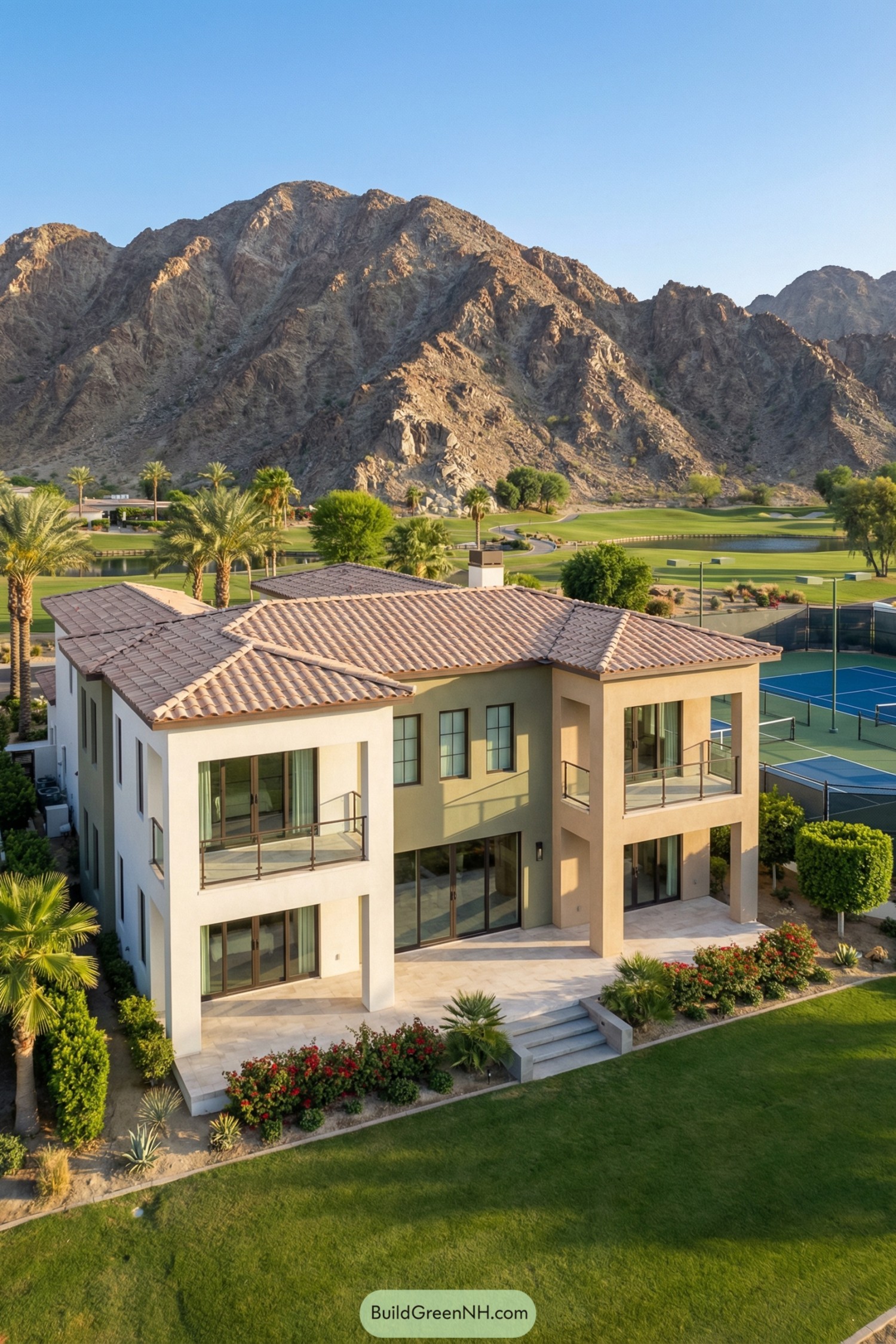 Modern two story villa facing golf course with rugged mountains behind
