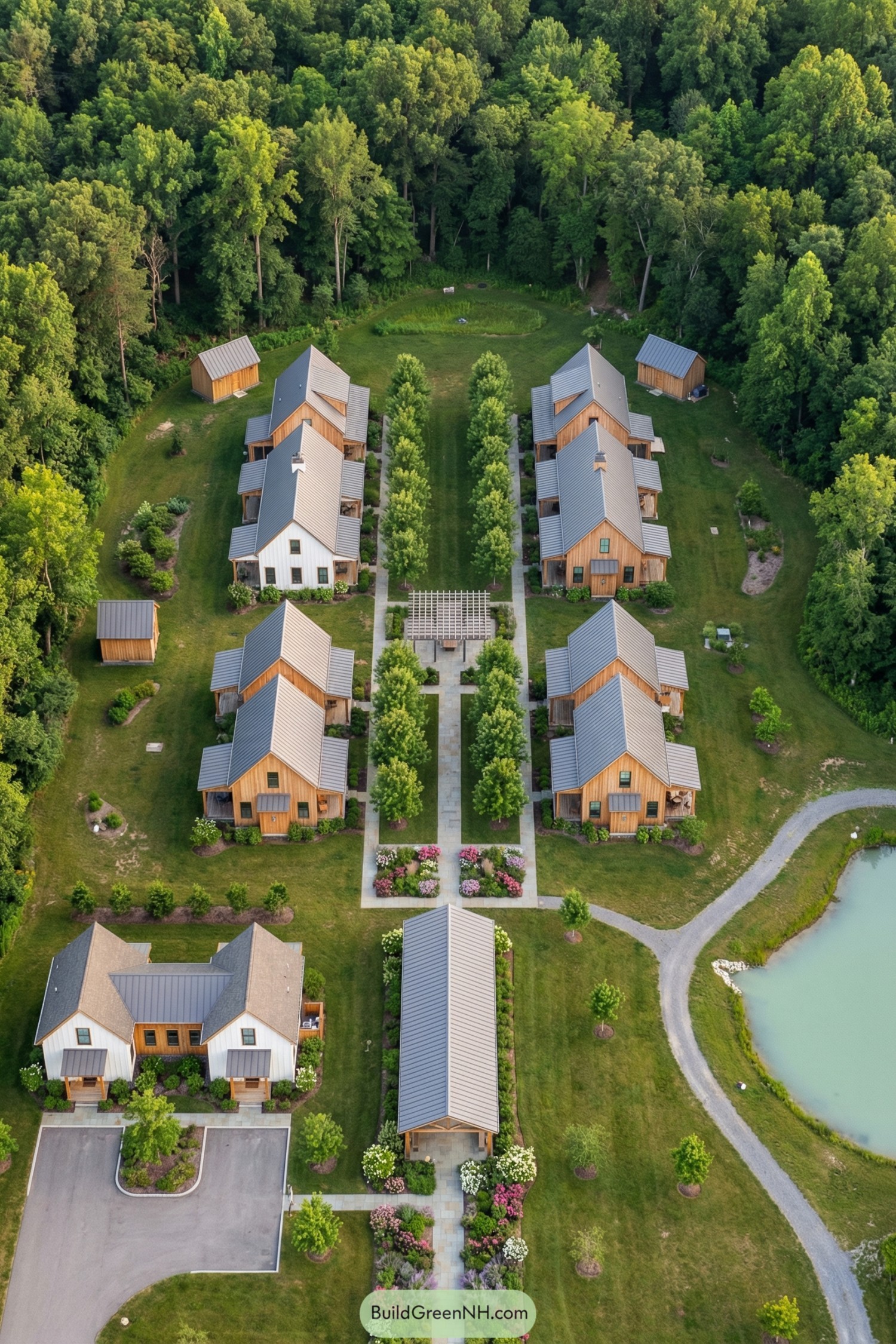 Aerial view of barn-style cottages aligned around a tree-lined central courtyard in a lush rural compound
