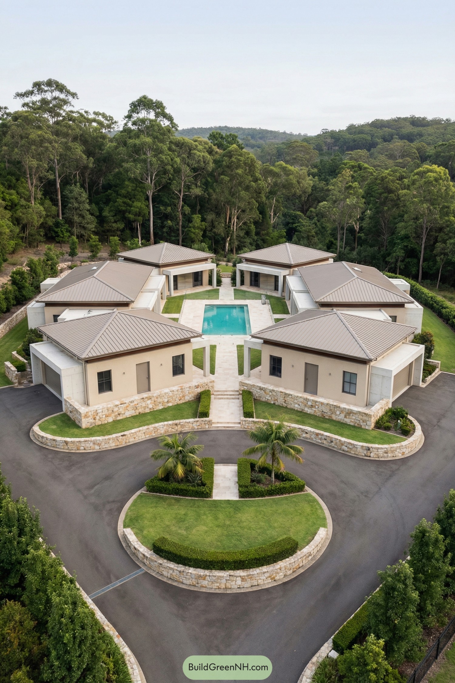 Circular cluster of modern villas surrounding a central pool beside dense forest
