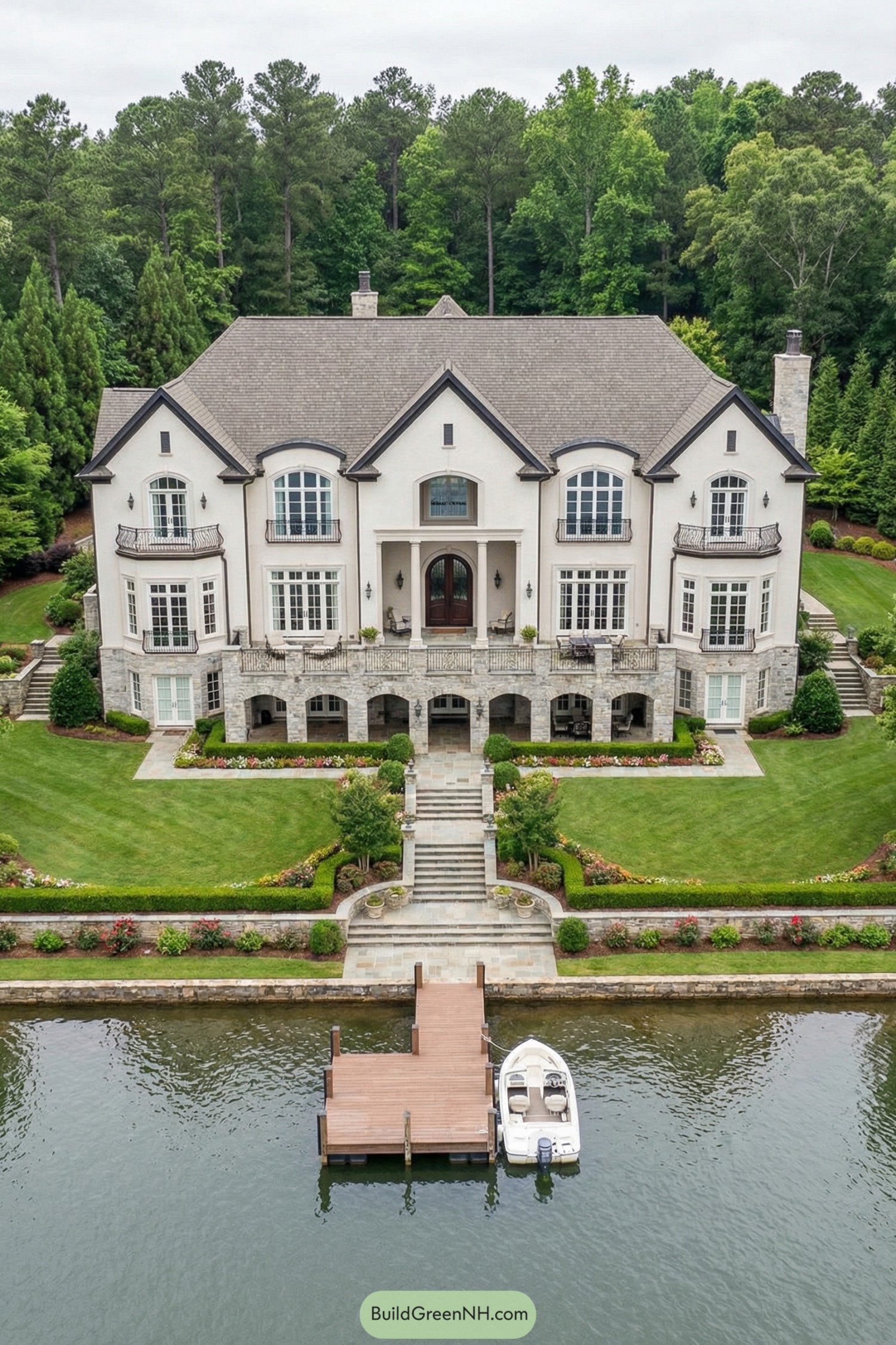 high-res aerial photo of rural mansion, grand lakefront facade in symmetrical neo-traditional style with multiple front-facing gables and central recessed loggia, off-white stucco walls combined with light gray stone accents and dark trim, tall three-story structure stepping down the hillside with broad central bay and side wings, slate-gray multi-gabled roof with steep pitches, small dormers and stone chimneys, large rectangular and arched windows with white mullions and black iron railings, central arched double door under loggia with dark wood panels and sidelights, upper-level balconies with ornate black metal balustrades, broad stone terrace spanning the width of the house with arched openings and seating areas, formal terraced garden descending to the water with straight stone stairways, retaining walls, and symmetric planting beds, expansive manicured lawn framed by low hedges and colorful flower borders, dense shrubs and trimmed hedgerows enclosing the property sides, private wooden pier and dock extending into calm lake water with a small white motorboat moored, surrounding background of tall evergreen and deciduous trees covering the hillside and forming a lush forest backdrop, soft overcast daylight creating even illumination and vivid natural colors, real-life photo, high-resolution, architectural photography, soft lighting, cinematic composition.