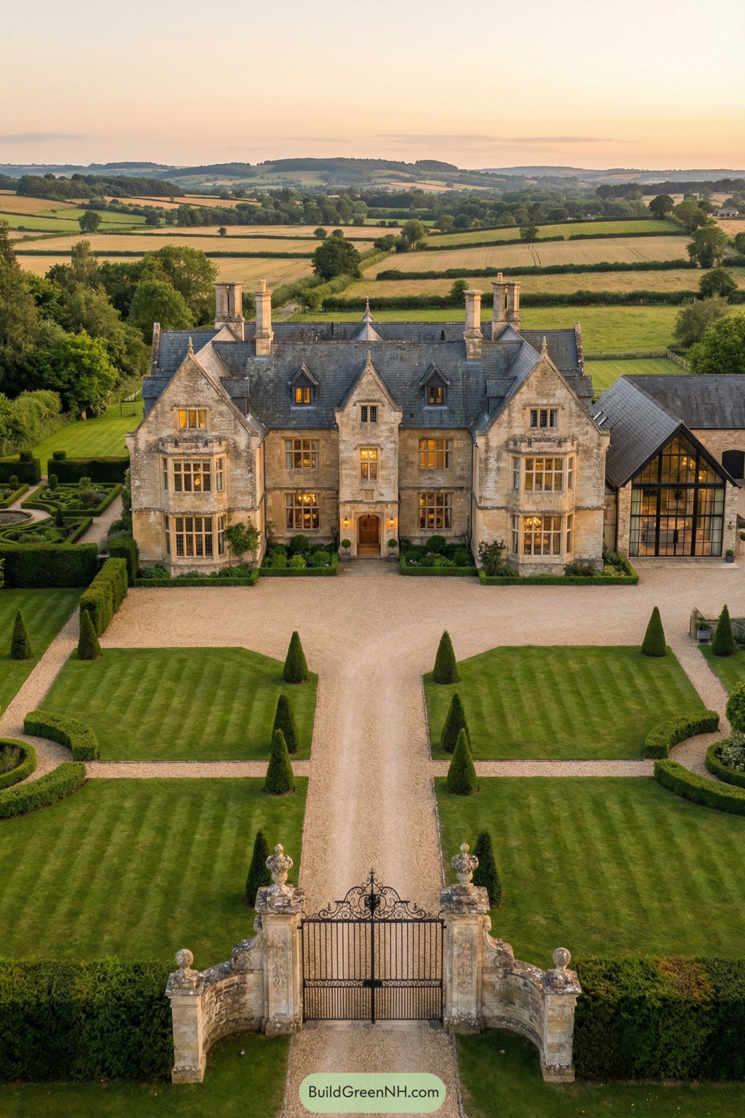 A grand stone country mansion with formal gardens and a long gravel drive