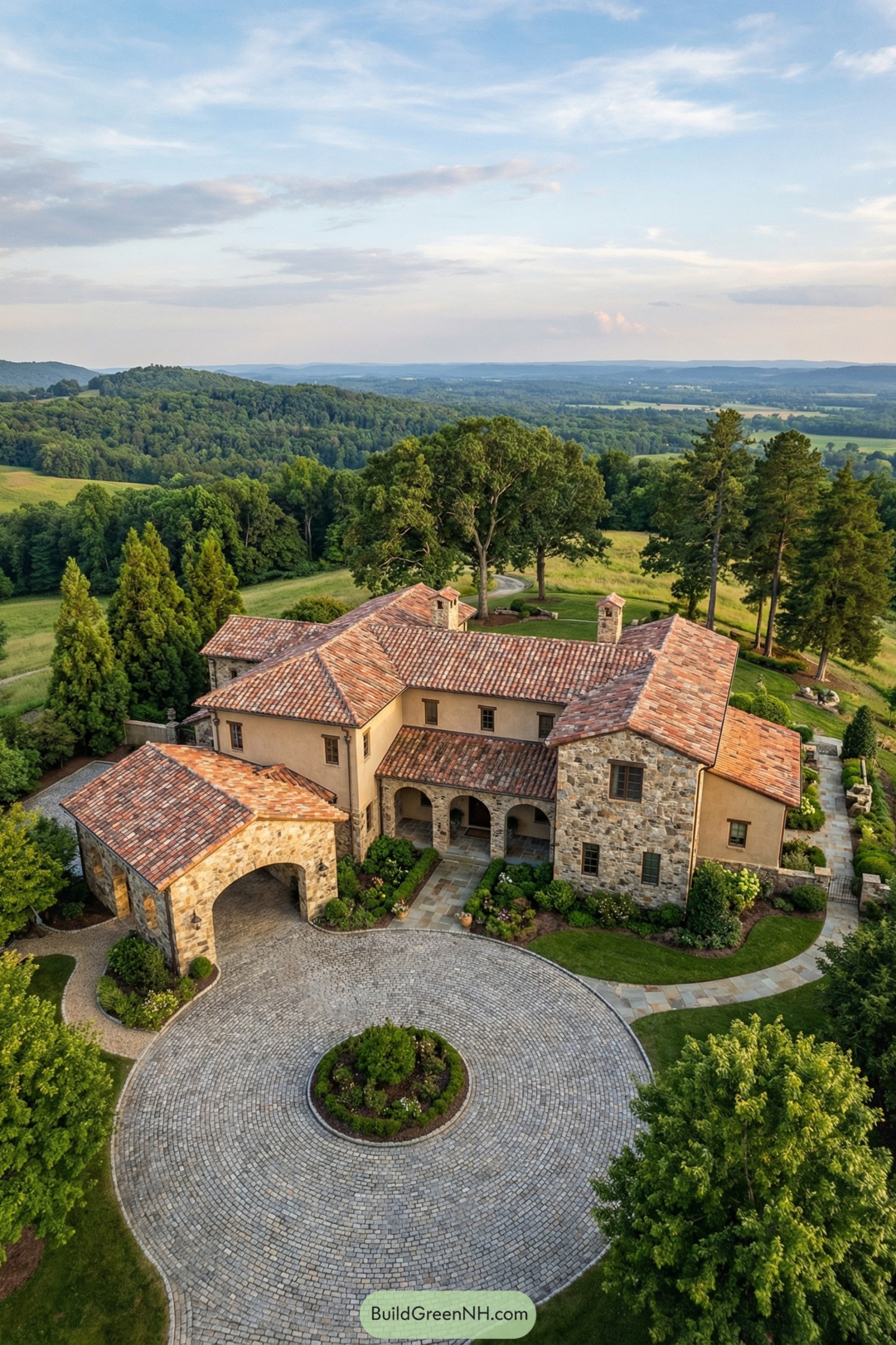 Mediterranean-style stone mansion on lush rural estate