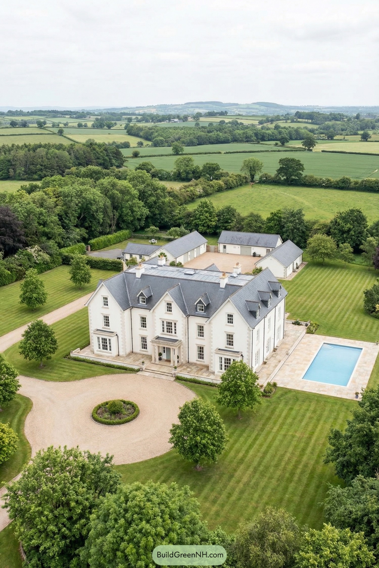 Aerial view of a white country mansion with pool and surrounding lawns