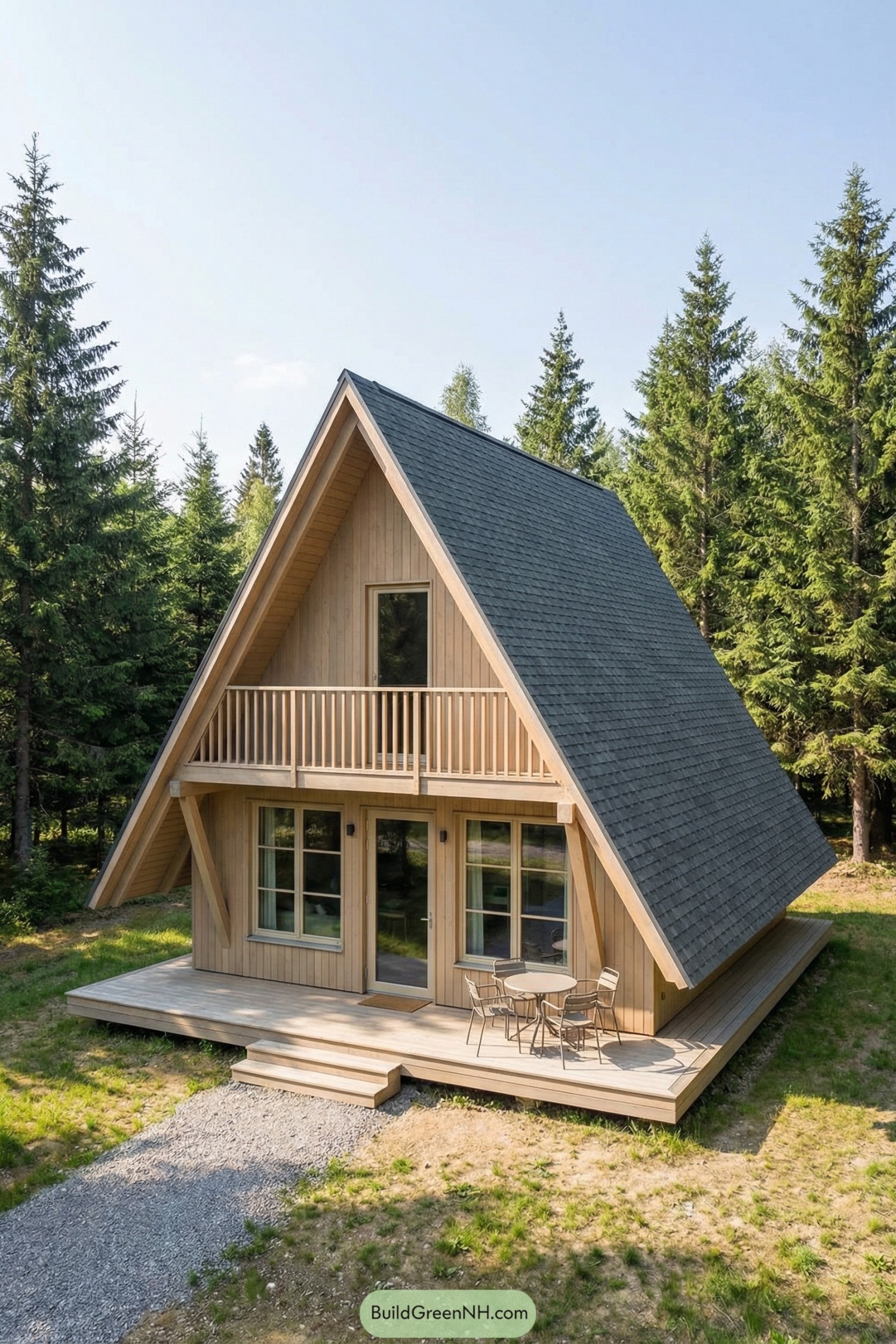 Light timber A-frame cabin with balcony set in a dense evergreen forest clearing