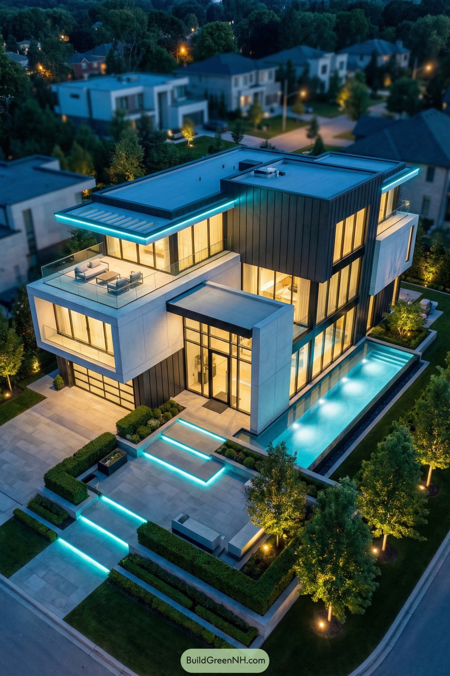 high-res aerial view photo of Modern high tech house, rectilinear multi-level facade with stacked horizontal volumes and strong cantilevers, minimalist style with clean lines and sharp edges, dominant colors white, dark graphite gray, and black with cool cyan accent lighting, elongated L-shaped structure with flat projecting floor plates and recessed glass boxes, materials include smooth white concrete or stucco, dark metal cladding panels, extensive floor-to-ceiling clear glass curtain walls, slim black aluminum window frames in continuous ribbons and corner glazing, flat roof slabs with crisp edges and integrated cyan LED strip lines forming subtle circuit-like patterns, upper roof partly configured as open terrace with low parapets and minimal furnishings, main entrances expressed as large full-height glass doors framed in black metal and recessed under overhangs, secondary sliding glass doors opening to patios, outdoor area with linear floating steps and low platforms illuminated by cyan LED lines, long rectilinear pool or reflective water feature parallel to the house, paved terraces in large light-gray stone slabs, low planters with manicured hedges and groundcover, landscaping with evenly spaced medium-height trees and trimmed bushes, warm ground spotlights at tree bases contrasting with cool architectural lighting, surrounding environment a quiet upscale neighborhood with blurred modern houses and roads, night setting with soft blue ambient light and warm interior illumination visible through glass, cinematic elevated composition emphasizing geometry and glow. real-life photo, high-resolution, architectural photography, soft lighting, cinematic composition.