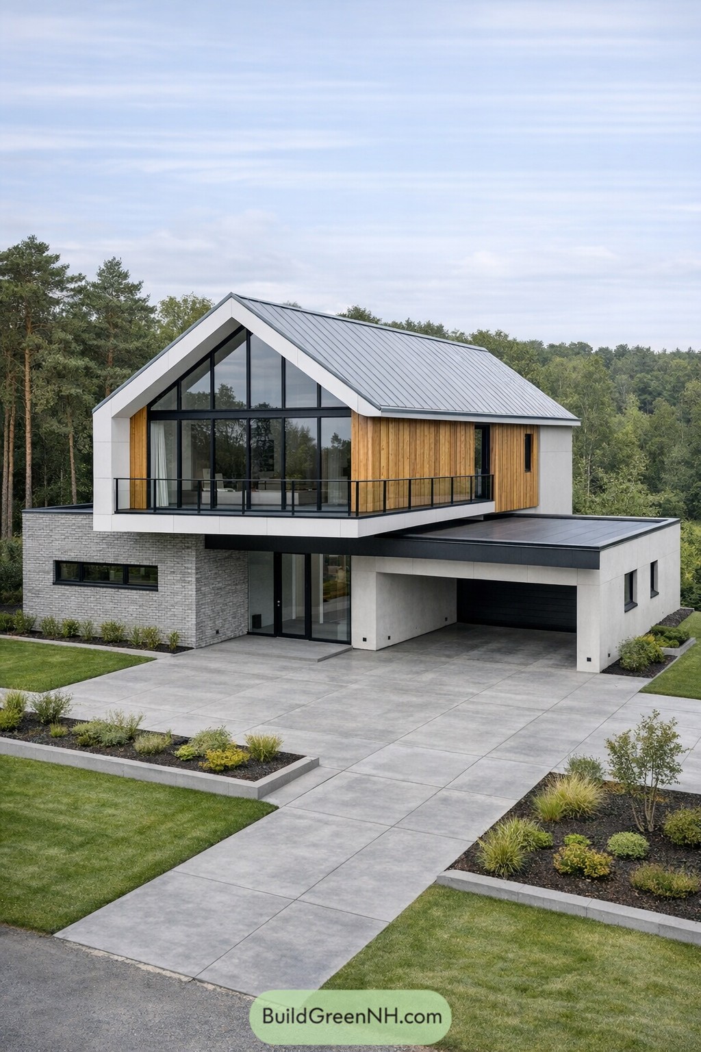 Modern Scandinavian house with cantilevered timber upper floor, large glass gable, and flat-roof base