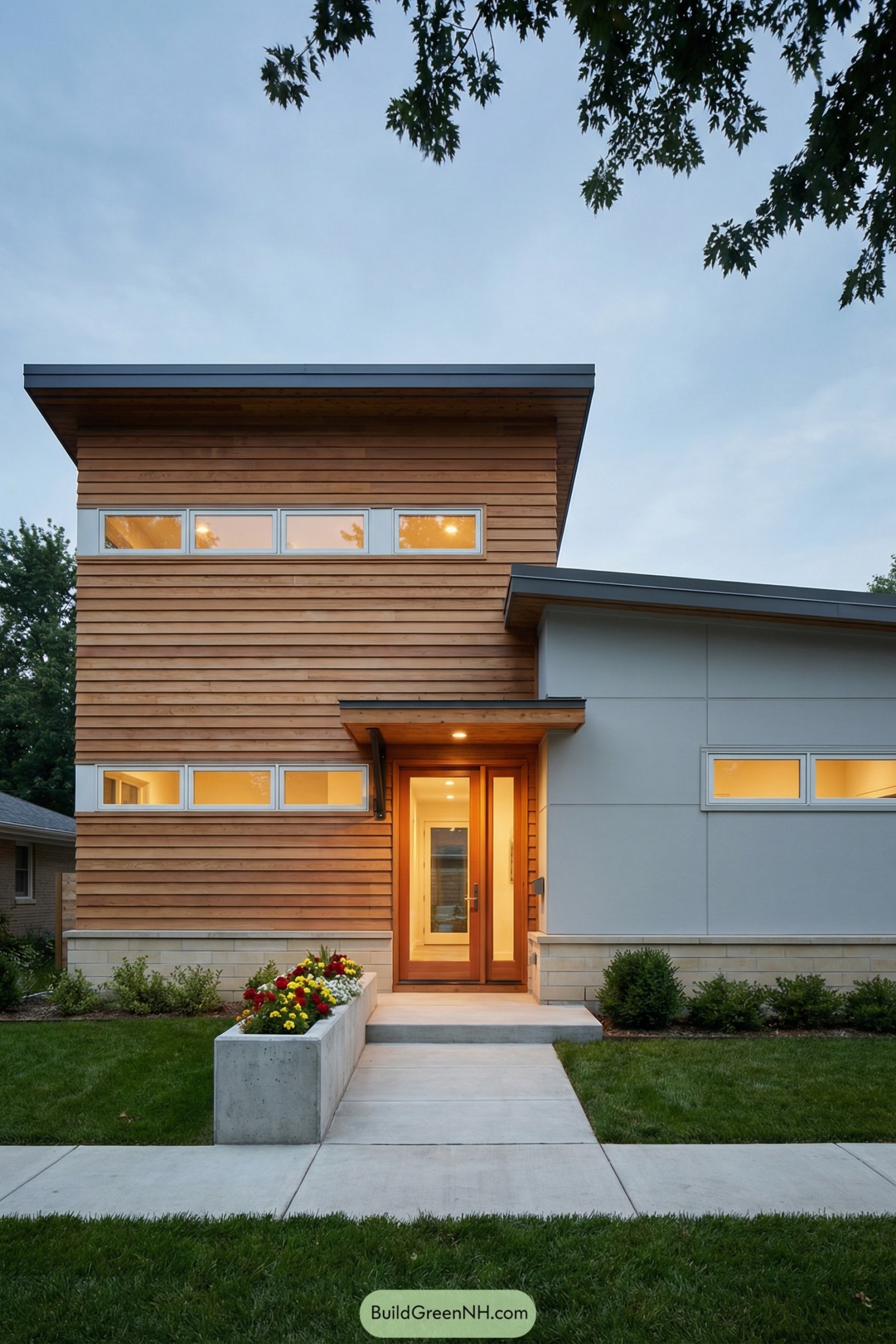 Contemporary house with vertical volume, wood shiplap siding, and long horizontal windows flanking a glass front door