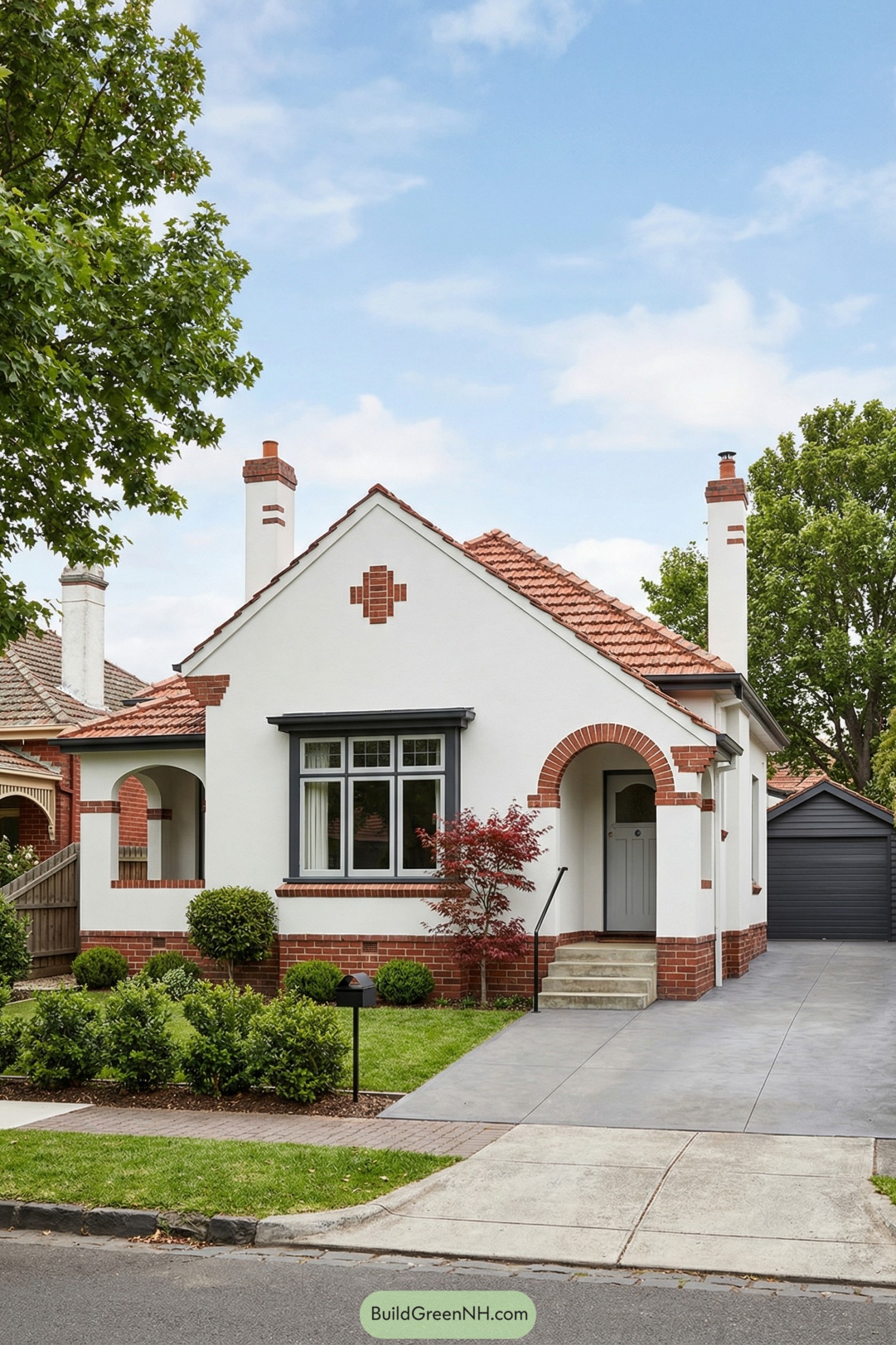 Small white stucco cottage with red brick accents, arched porch, and gabled roof facing a neat garden and driveway