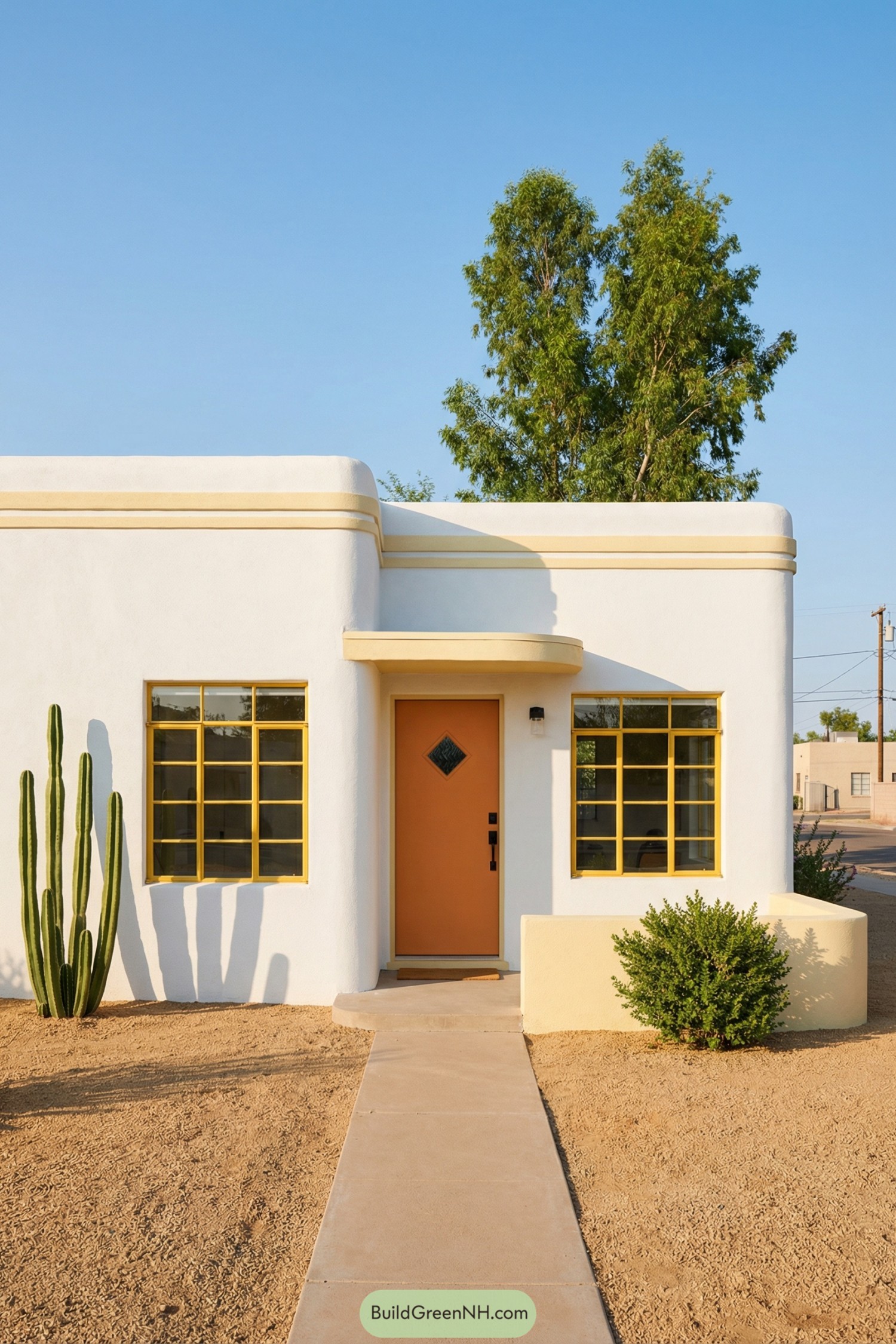 Small white stucco art deco cottage with rounded corners, yellow windows, and an orange door in a desert yard