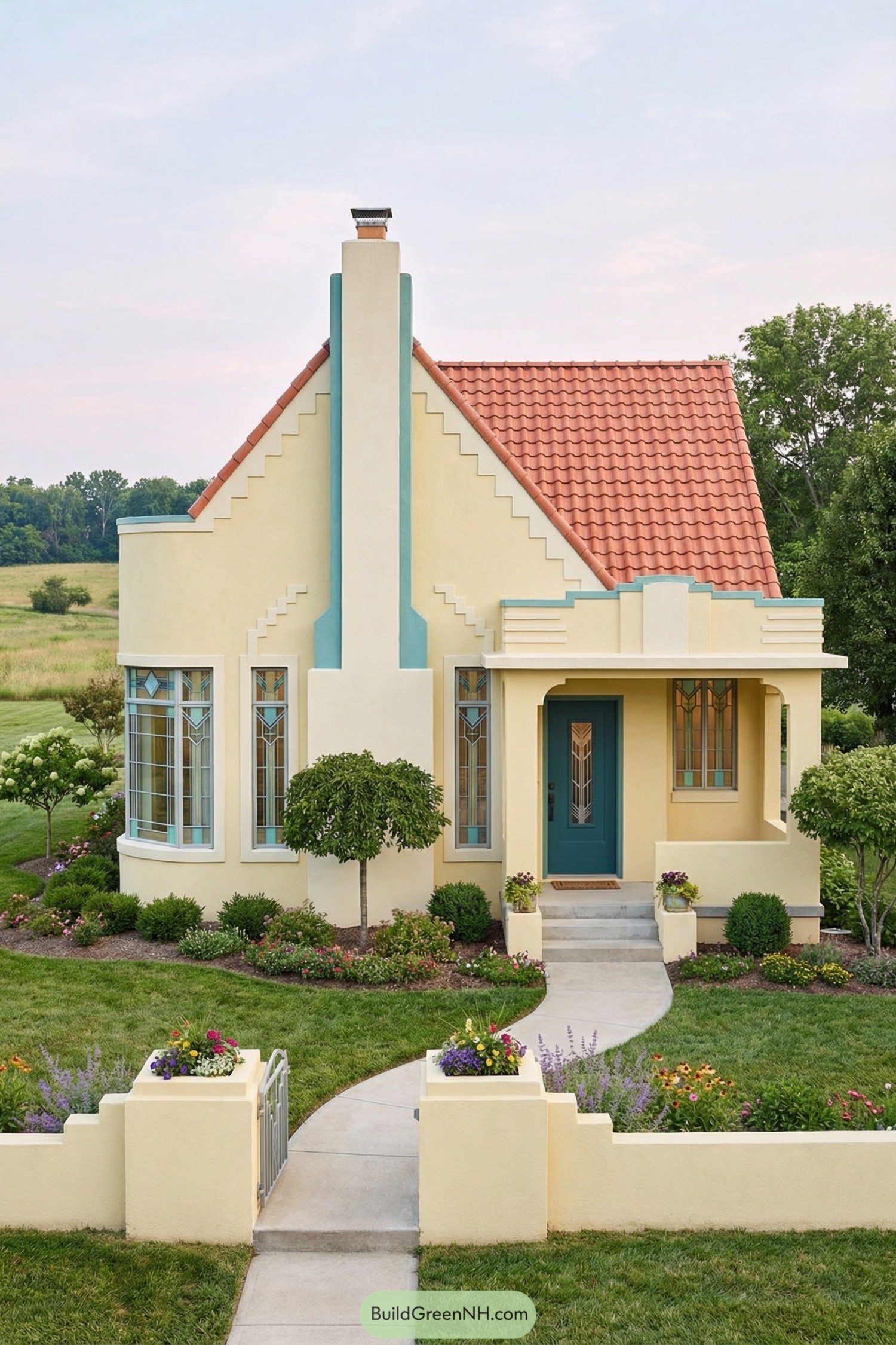 Creamy yellow art deco cottage with teal trim, red tile roof, and lush landscaped front yard