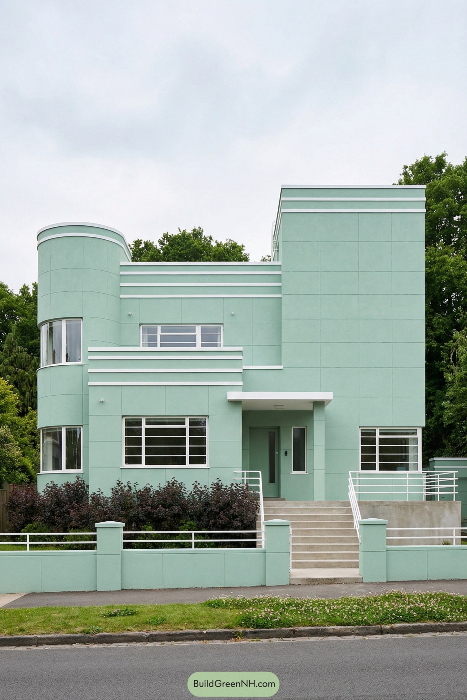 Mint green art deco house with curved corner tower and horizontal white banding