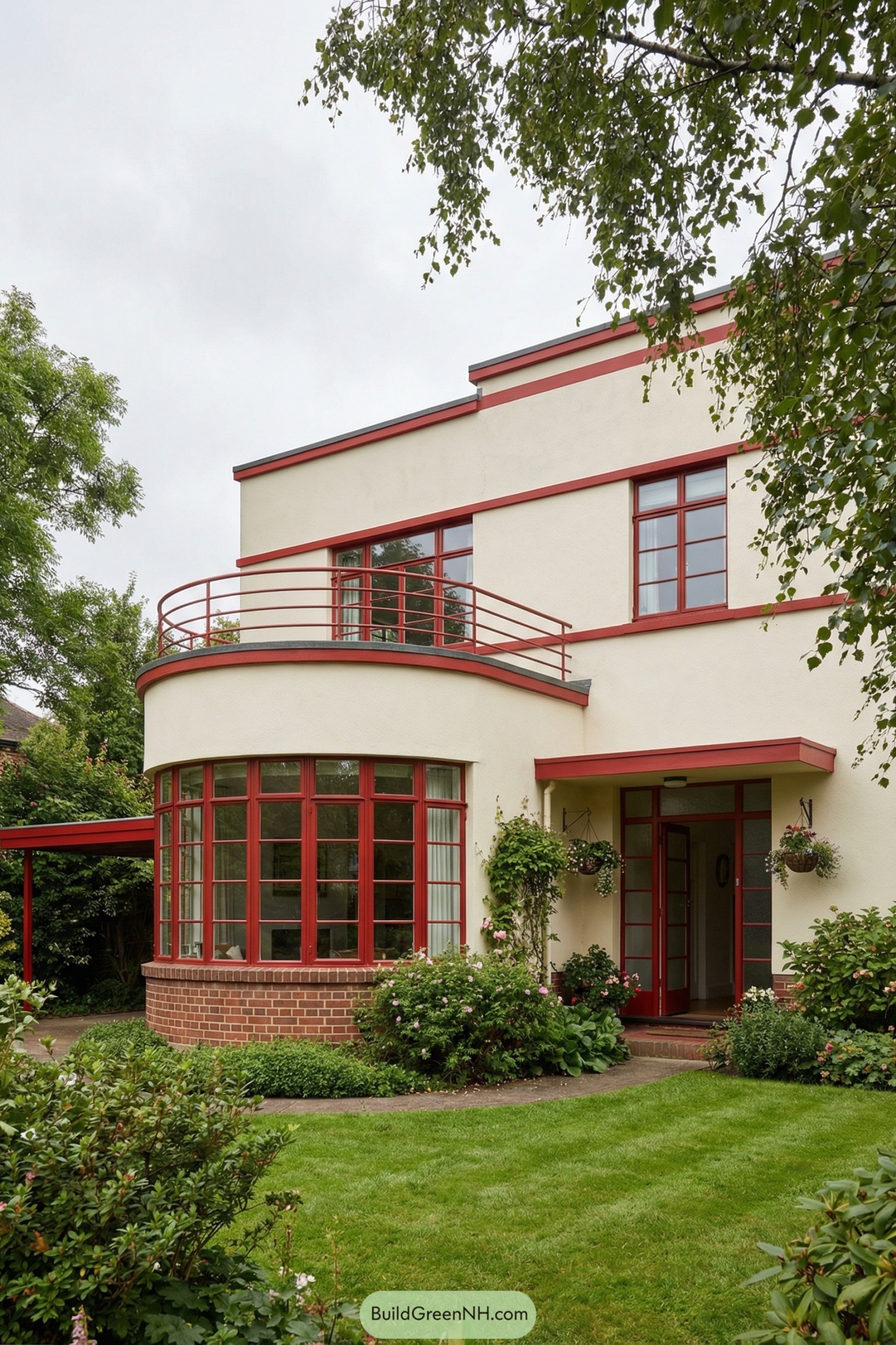 Creamy art deco cottage with bold red windows and curved balcony overlooking a lush garden
