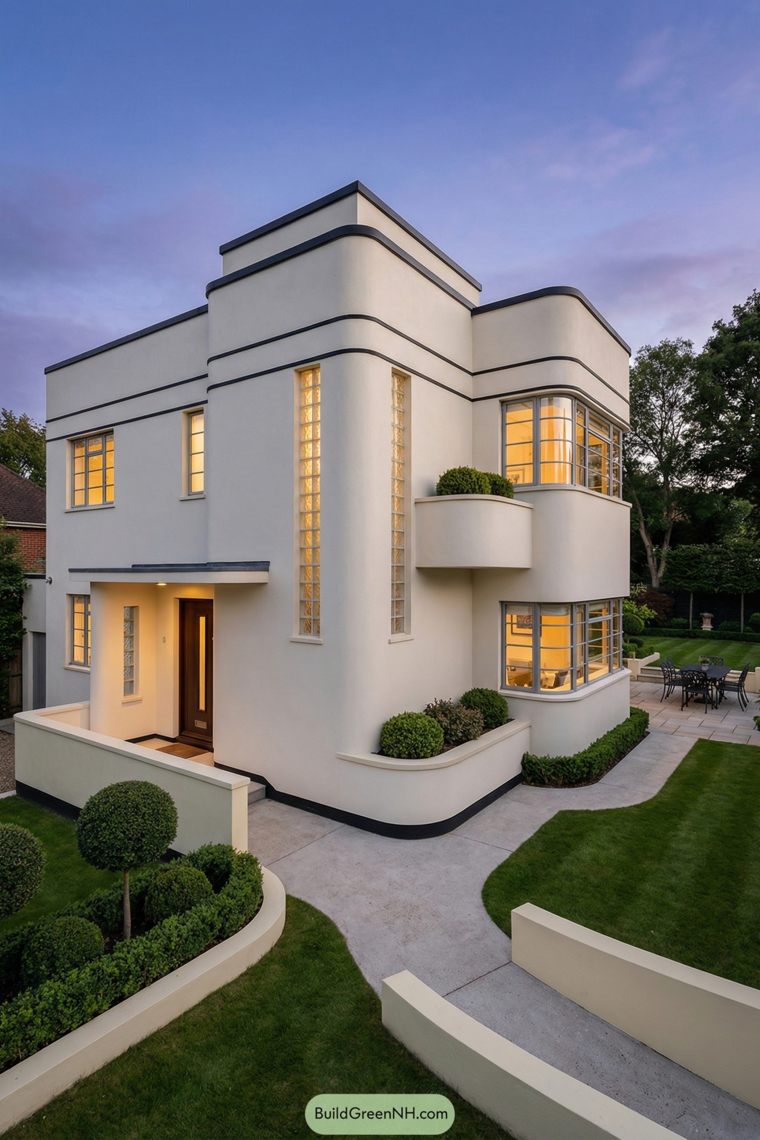 Creamy art deco house with curved walls, glass block windows, and manicured lawn at dusk