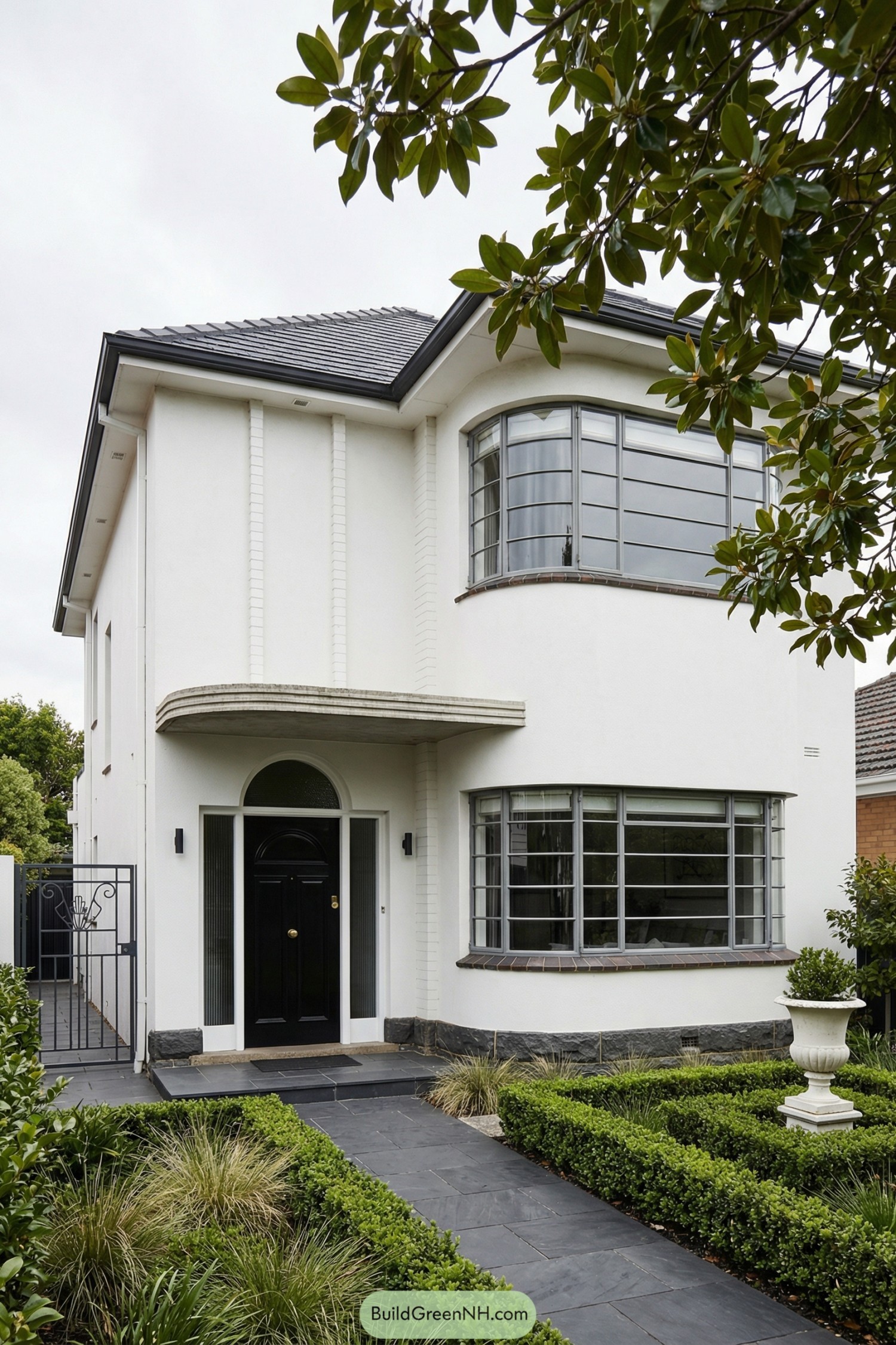 White two story art deco house with curved metal windows and manicured front garden