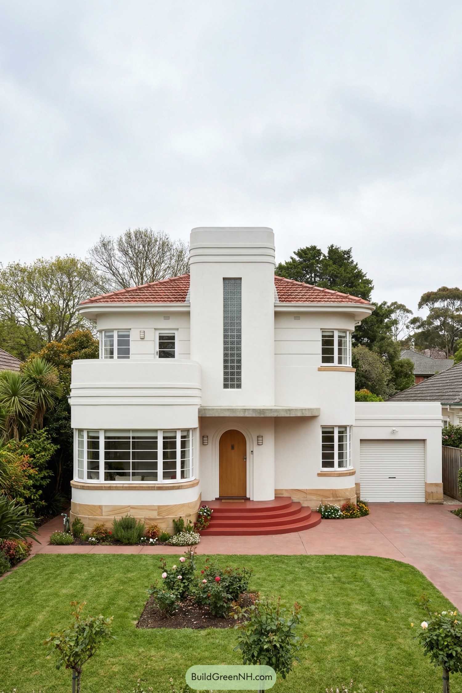 White art deco house with rounded bays red roof and central glass-block tower