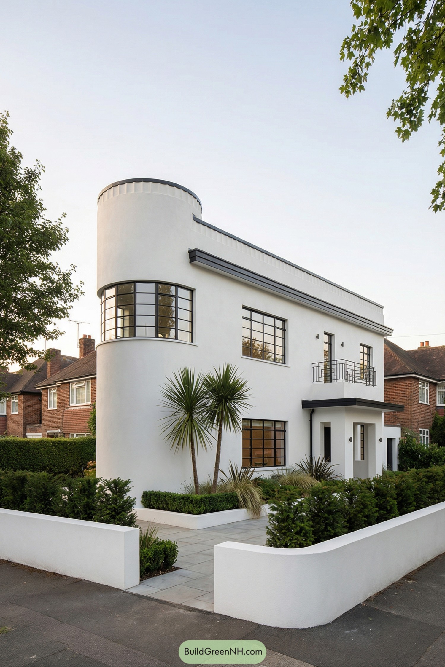 White art deco house with rounded tower front, banded windows, and simple landscaped garden