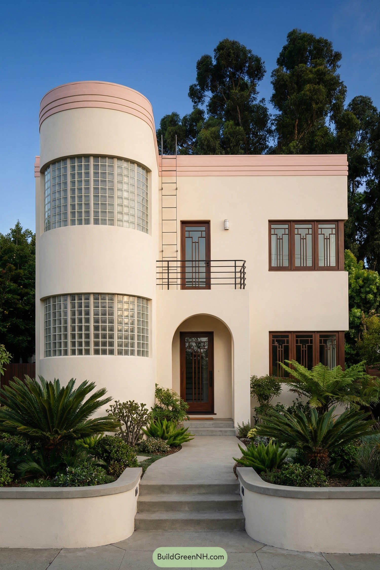 Cream art deco house with rounded glass-block corner tower and pink banded roofline