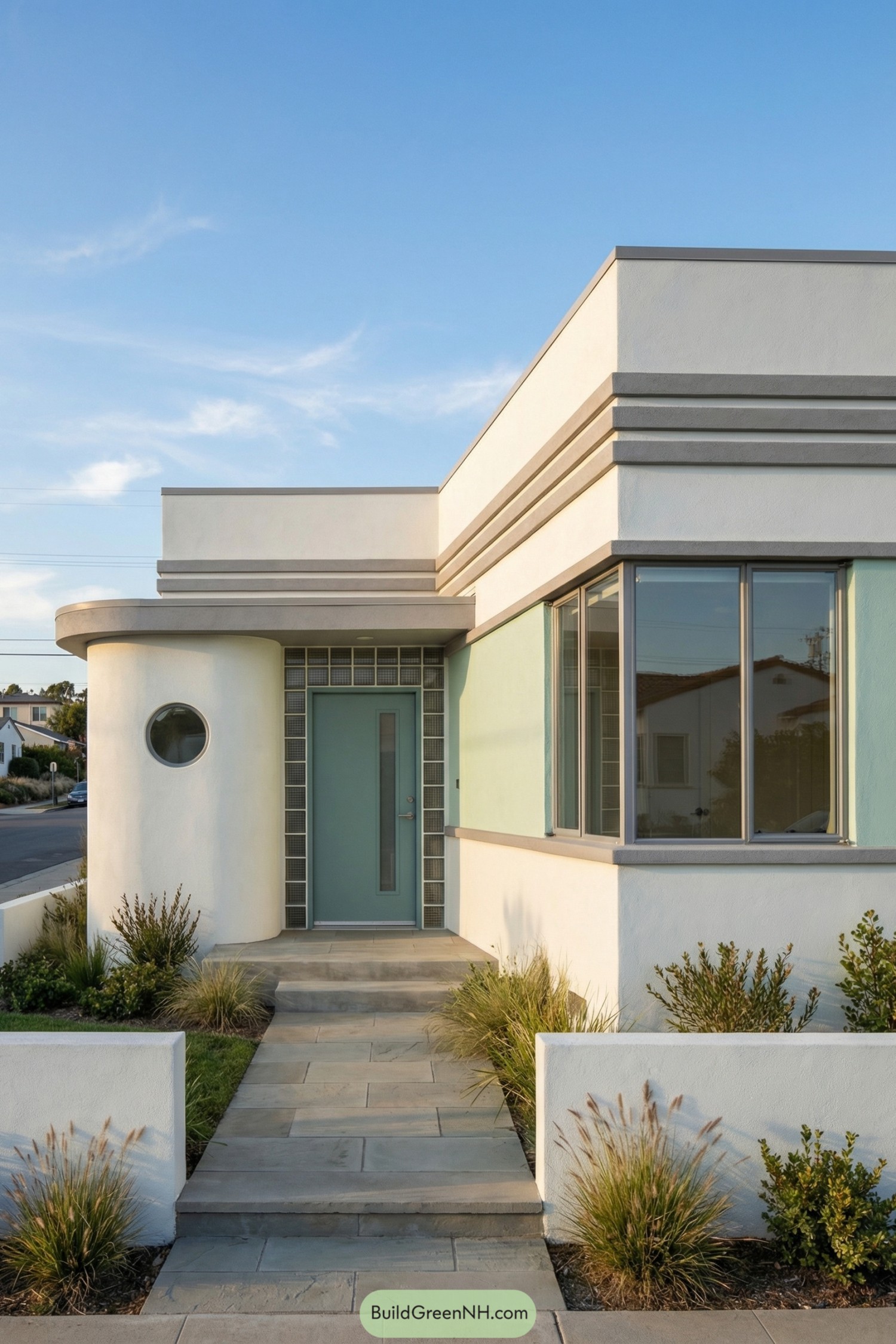 Art deco cottage with curved entry, porthole window, and seafoam front door