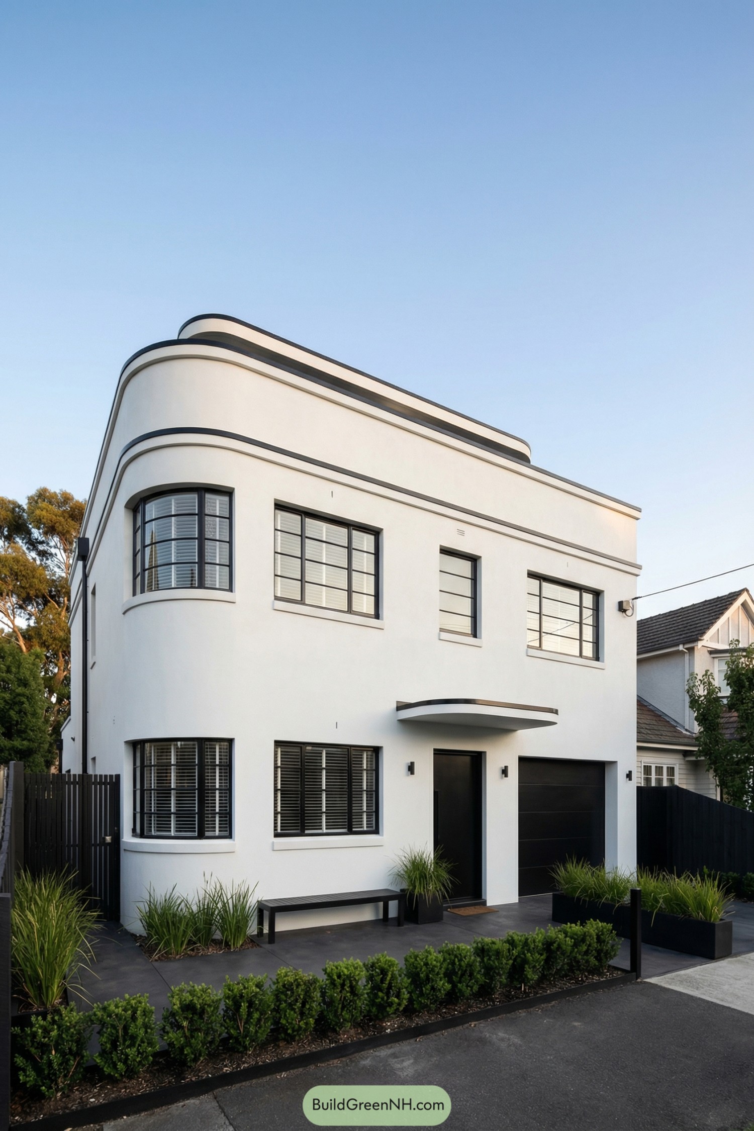 White two-story streamlined Art Deco house with rounded corner windows black trim and simple modern landscaping