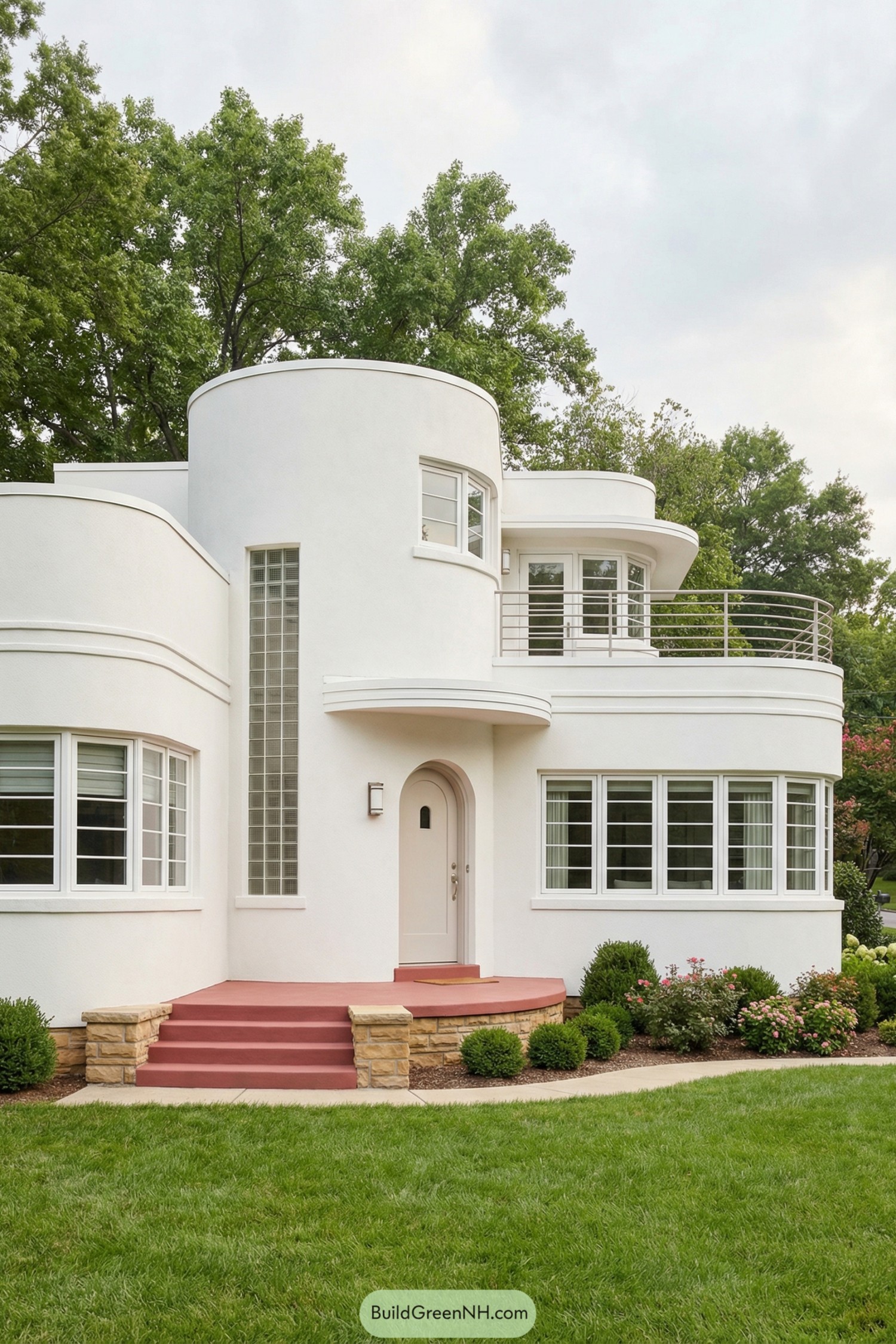White art deco cottage with rounded towers, glass block window, and curved balcony overlooking a simple front garden