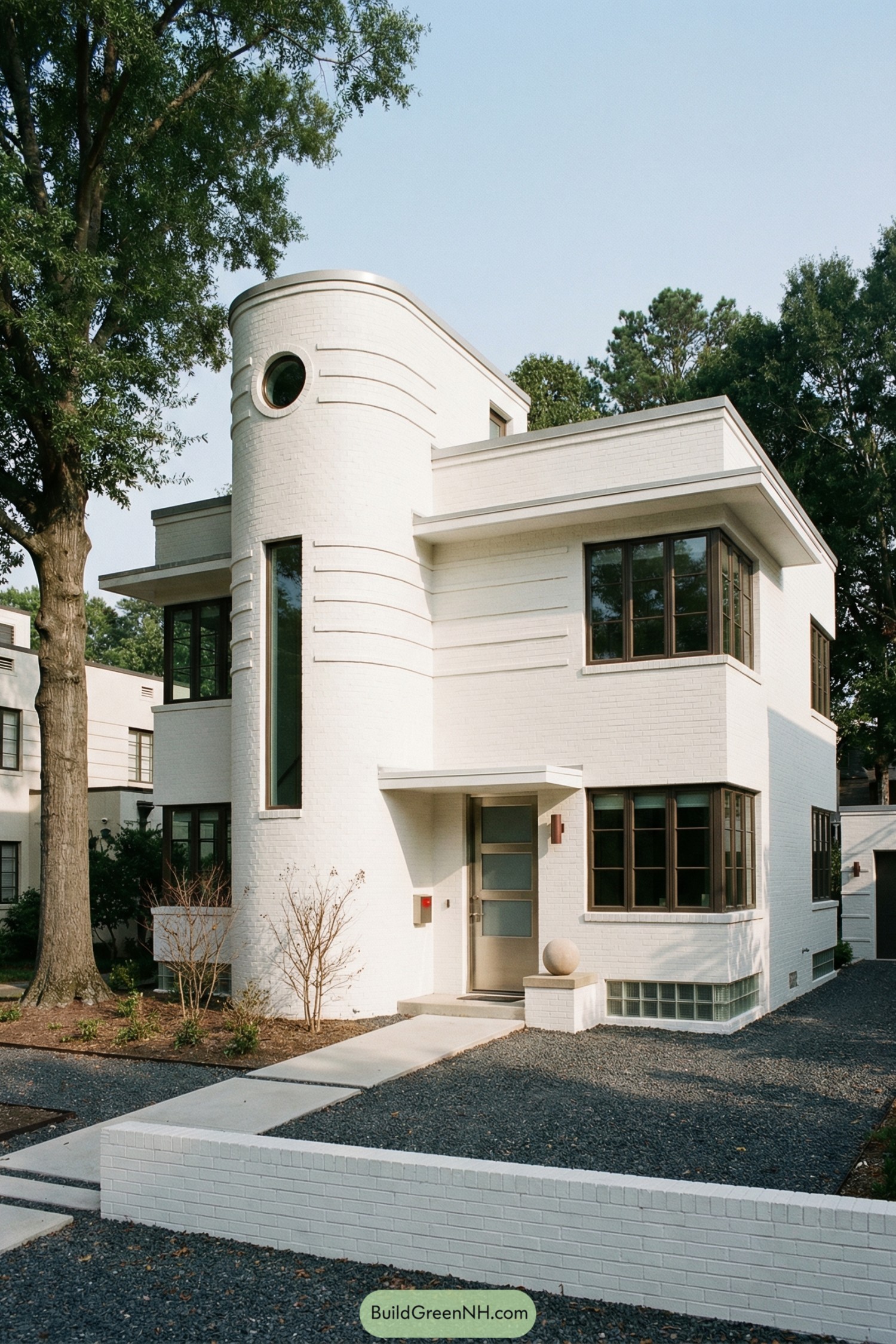 White art deco cottage with rounded tower and porthole window