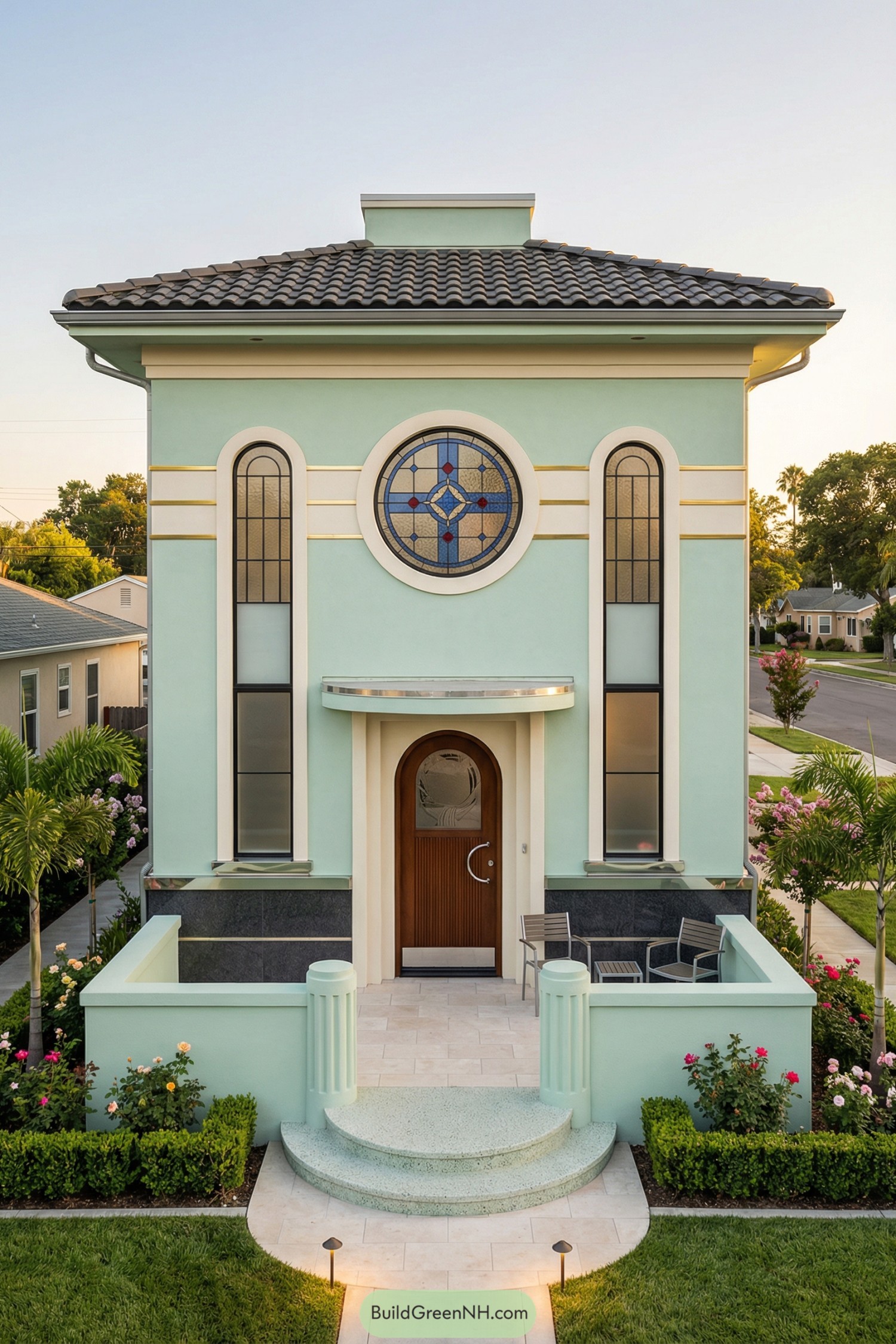 Mint green art deco cottage with round stained glass window and front terrace