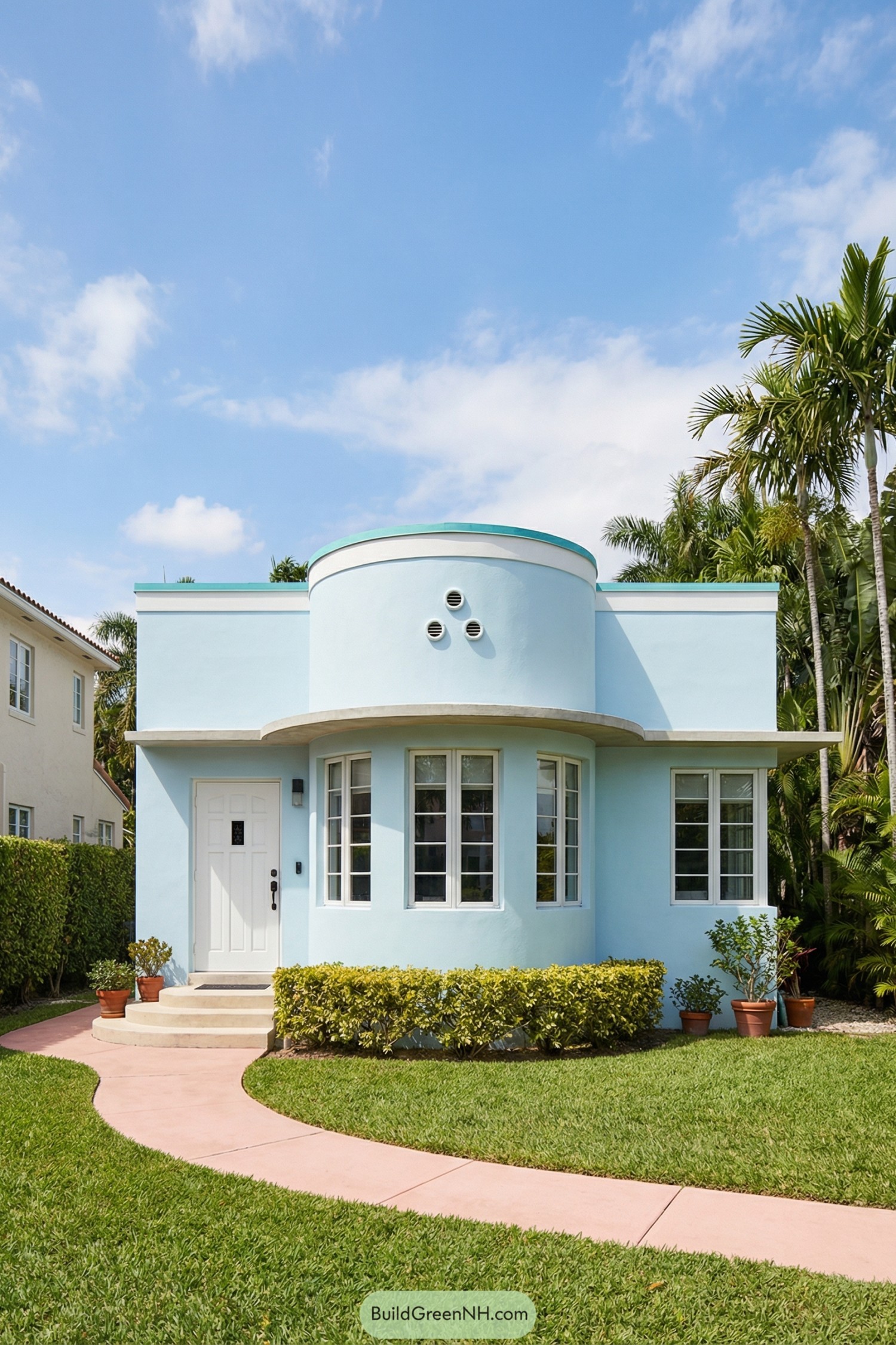 Soft blue art deco cottage with rounded facade, tall windows, and lush front lawn