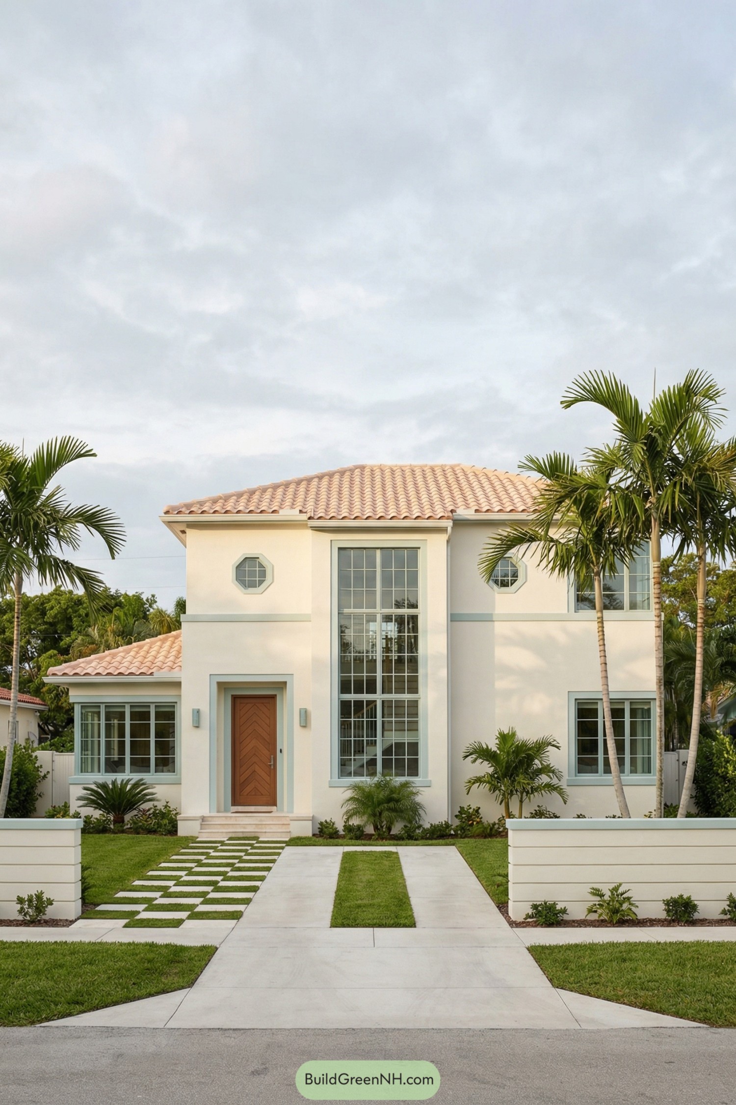 high-res photo of art deco cottage, symmetrical two-story facade with strong vertical emphasis, central double-height window bay flanked by flat wall planes, attached one-story wing set back on the left, streamlined art deco detailing with minimal ornament, smooth corners and clean geometric lines; warm white stucco walls with very light pastel trim around windows and doors, pale terracotta roof tiles, soft grey concrete paths, green lawn and foliage; compact rectangular main volume with flat wall surfaces, sharp edges, and simple parapet line, slightly projecting central bay, octagonal side windows adding subtle geometric interest; exterior walls in smooth stucco, crisp stucco coping on low garden walls, concrete steps and paving at entry, metal framing to large window grid; low-pitched hipped roof with small overhang, covered in uniform terracotta barrel tiles, simple eaves line without brackets; tall central window wall composed of slender vertical and horizontal muntins forming a grid of clear glass panes, flanking standard rectangular windows and small octagonal windows on upper level, simple casement or fixed sash appearance; front door centered on left half of facade in a shallow stucco surround, solid panel door with diagonal chevron patterning, narrow rectangular transom above, secondary plain door on right side of facade; straight concrete driveway running along left side toward rear garage, stepping-stone style front path in a checkerboard of concrete and grass leading from drive to main entry, low painted-stucco boundary wall with simple horizontal lines framing the front yard; neatly cut lawn, low tropical shrubs and small palms at base of facade, two tall royal palms placed symmetrically in front of the central window bay, additional palms and dense planting near the perimeter walls; surrounding environment of a quiet tropical residential street, scattered mature trees and palms in the distance, low horizon, wide sky with soft clouds, bright but gentle daylight casting long shadows, overall calm and picturesque suburban setting; real-life photo, high-resolution, architectural photography, soft lighting, cinematic composition.
