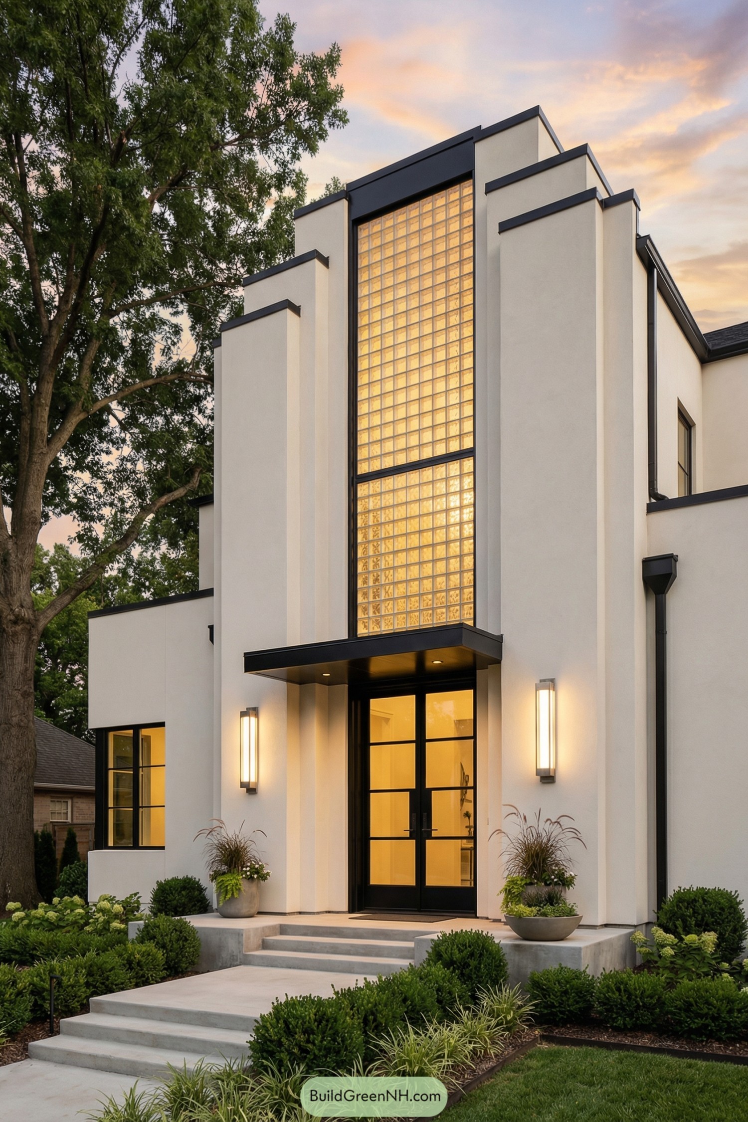 Art deco cottage with tall glass-block entry tower and clean white façade