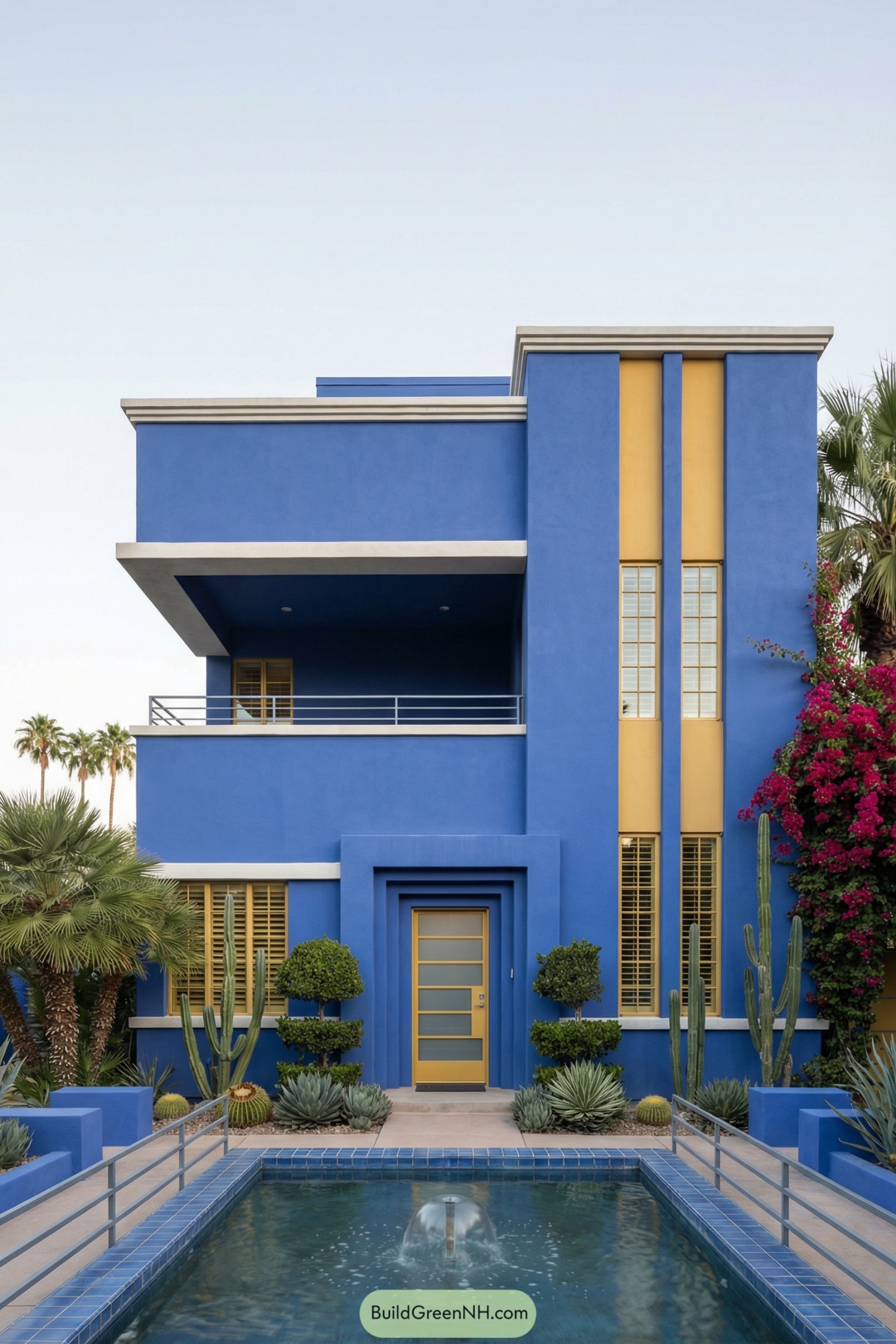 Bold cobalt blue art deco townhouse with mustard yellow accents, layered balconies, and reflecting pool entry
