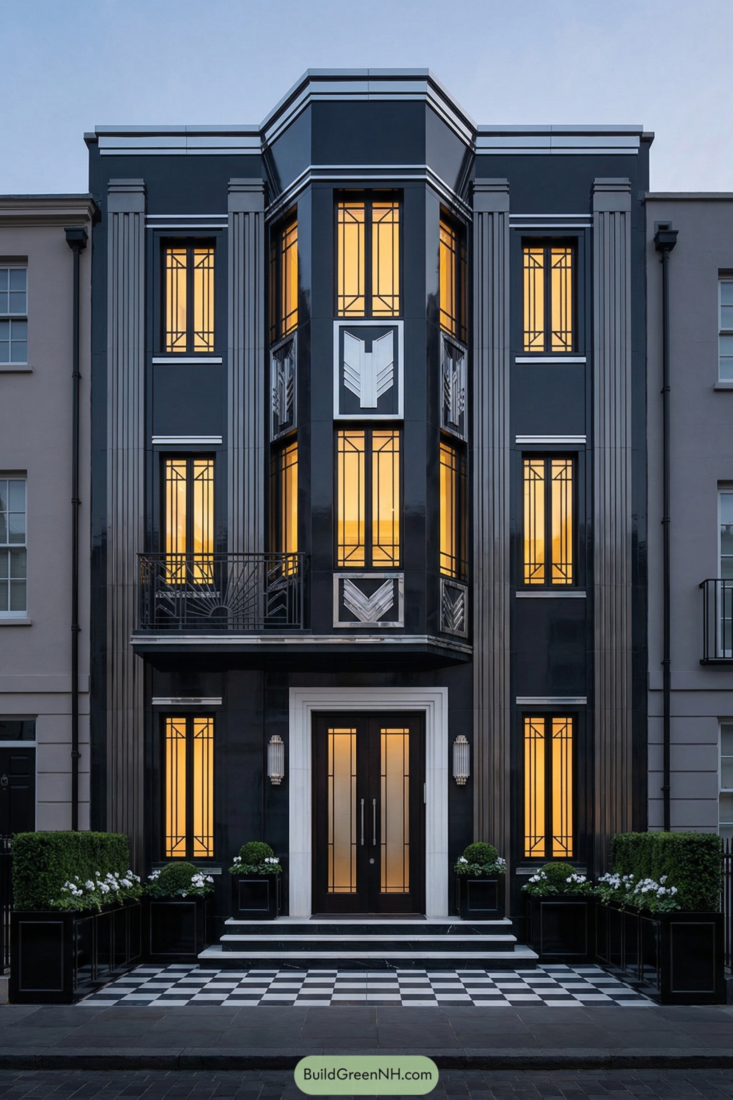 Dark glossy art deco townhouse with glowing amber windows, chevron motifs, and a black and white checkered entry terrace