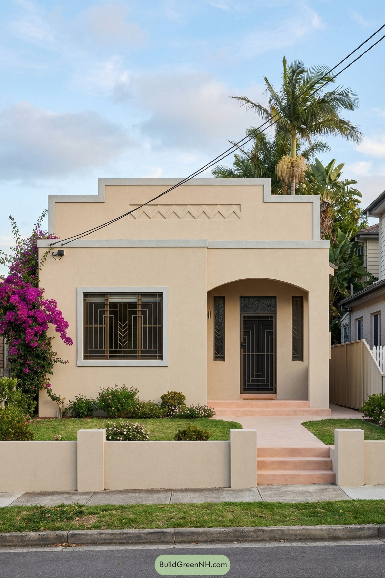 Cream art deco bungalow with zigzag parapet and geometric metalwork