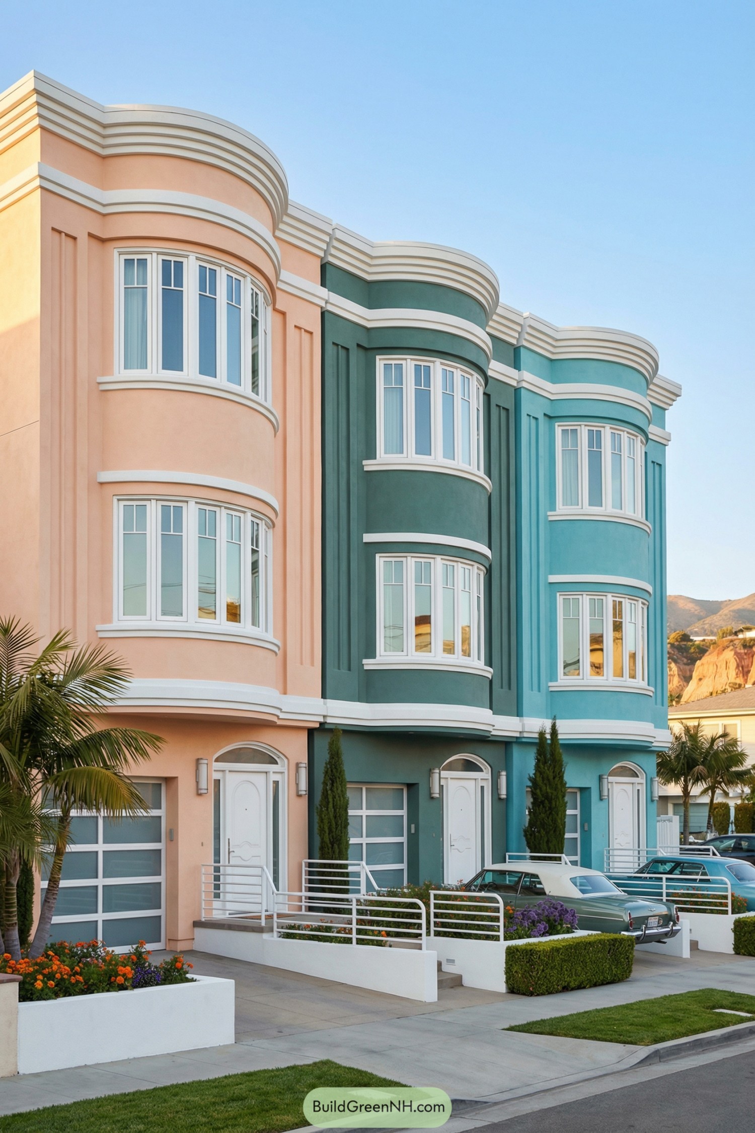 Pastel art deco townhouses with curved facades and tall windows