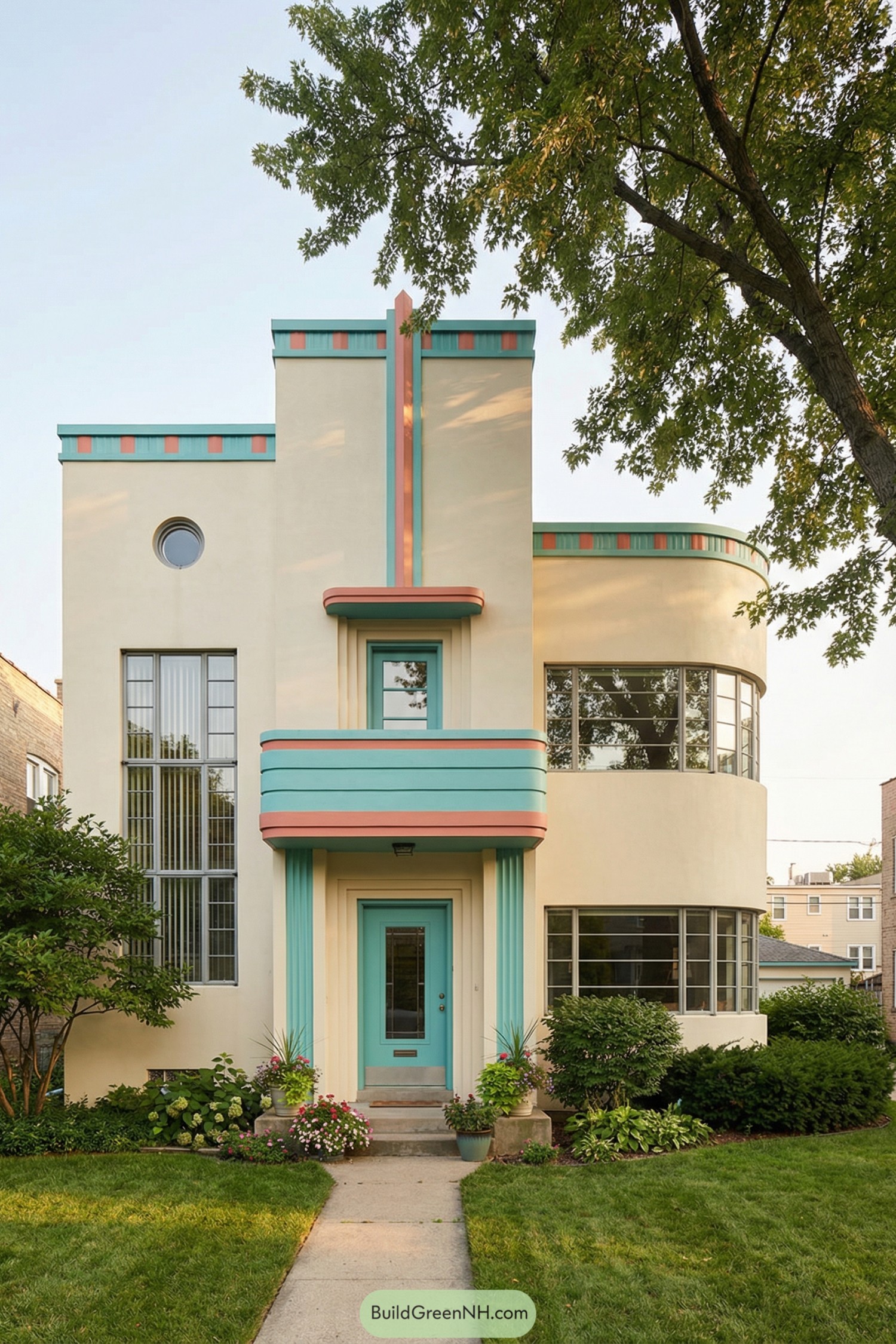 Cream stucco art deco townhouse with turquoise and coral banded accents and rounded glass corner