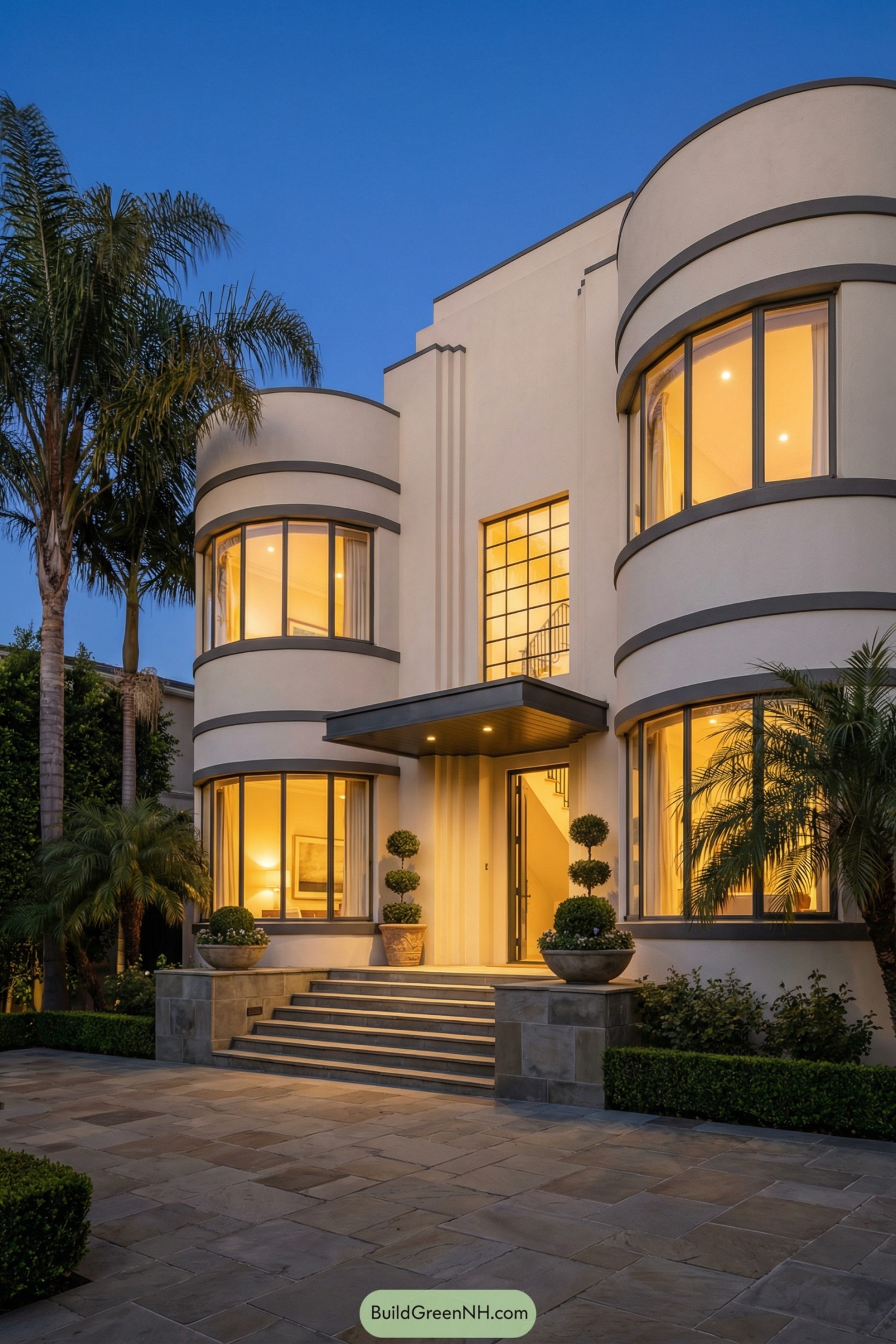 Art deco house with curved glass towers and symmetrical entrance at dusk