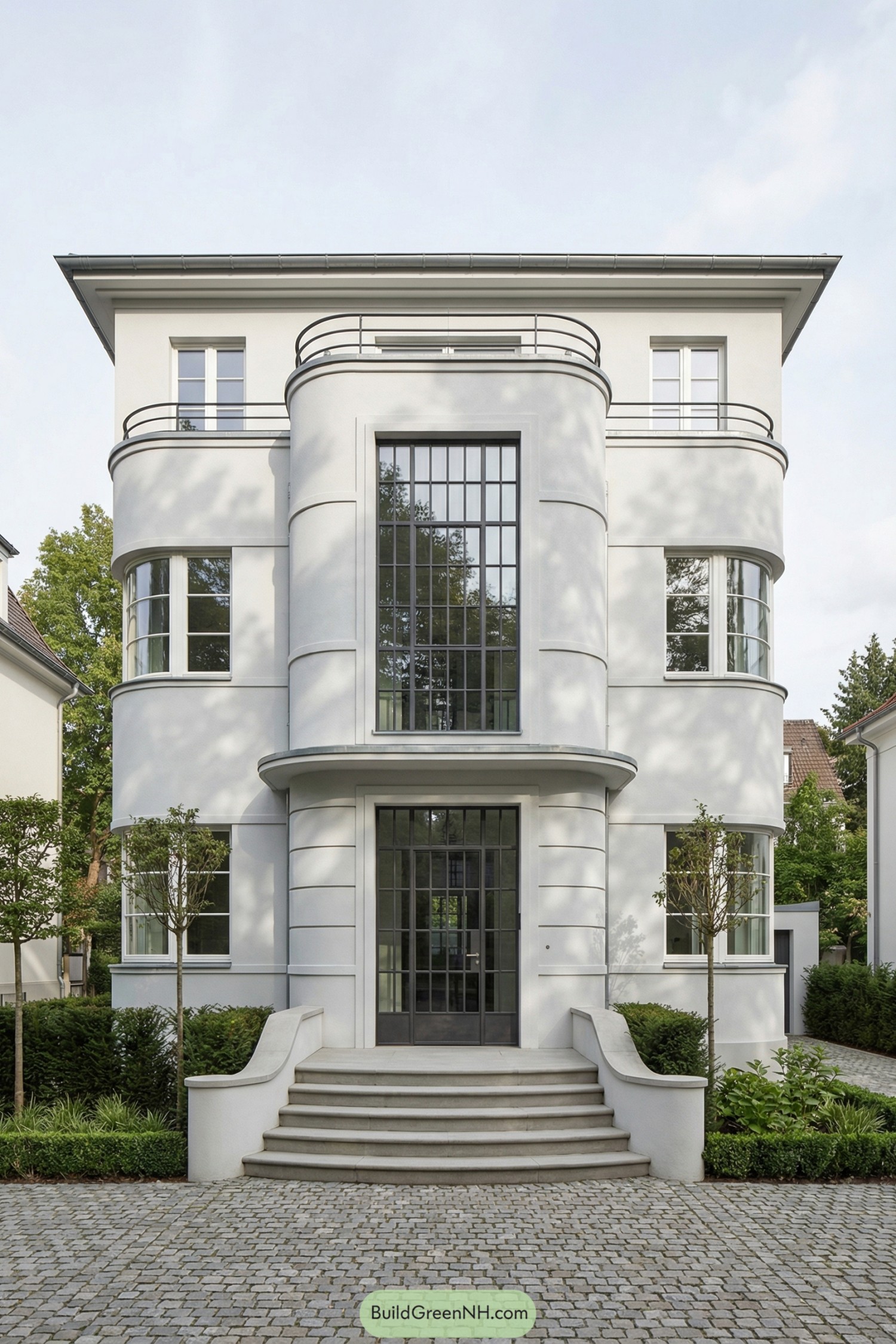 White art deco townhouse with rounded central tower, tall gridded windows, and curved stairway entrance