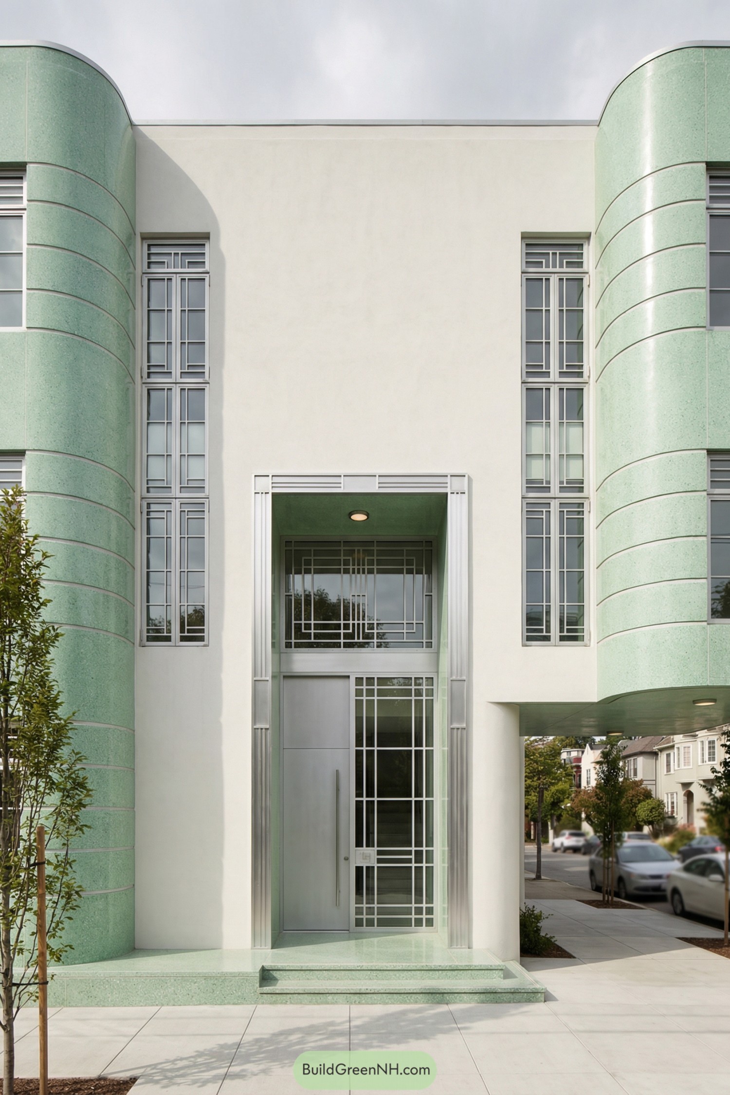 Pale green curved art deco townhouse facade with tall metal-framed entrance