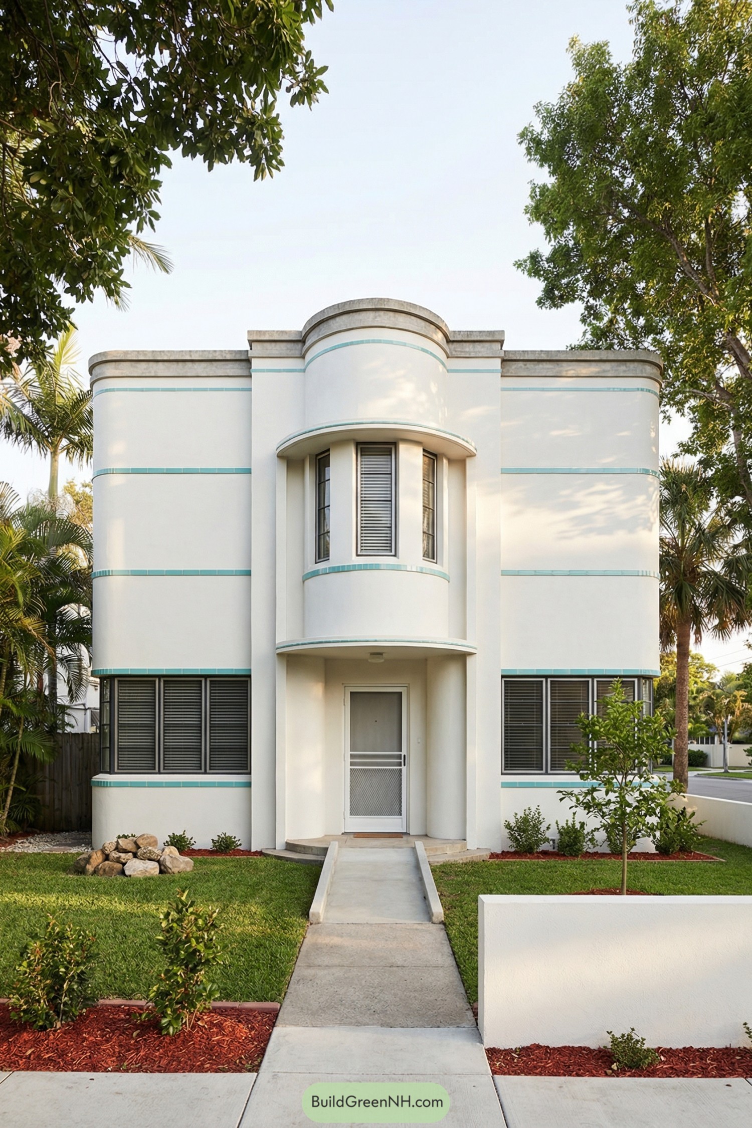 White art deco townhouse with rounded central bay, teal trim bands, and symmetrical front garden