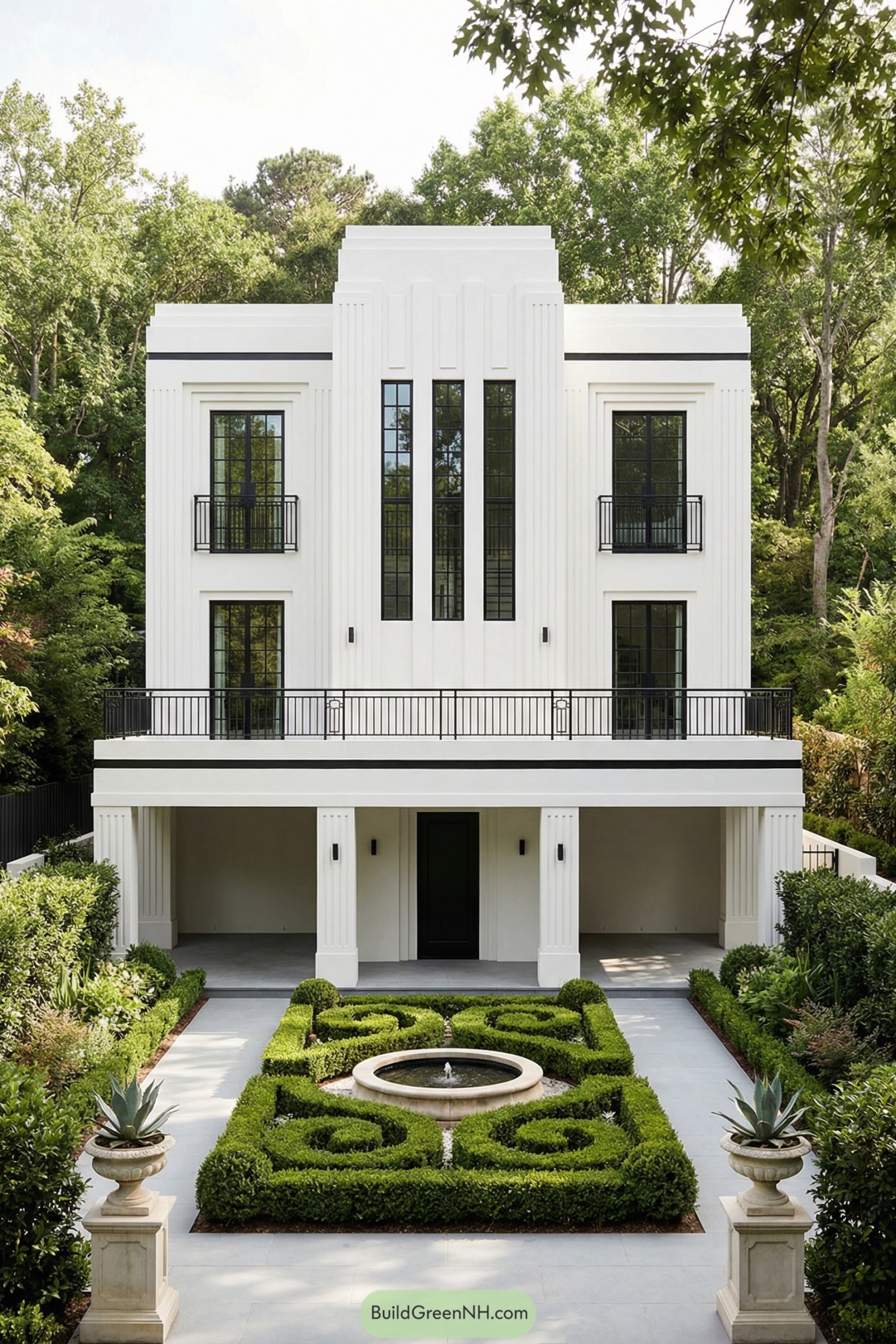 White art deco townhouse with formal boxwood garden and central fountain