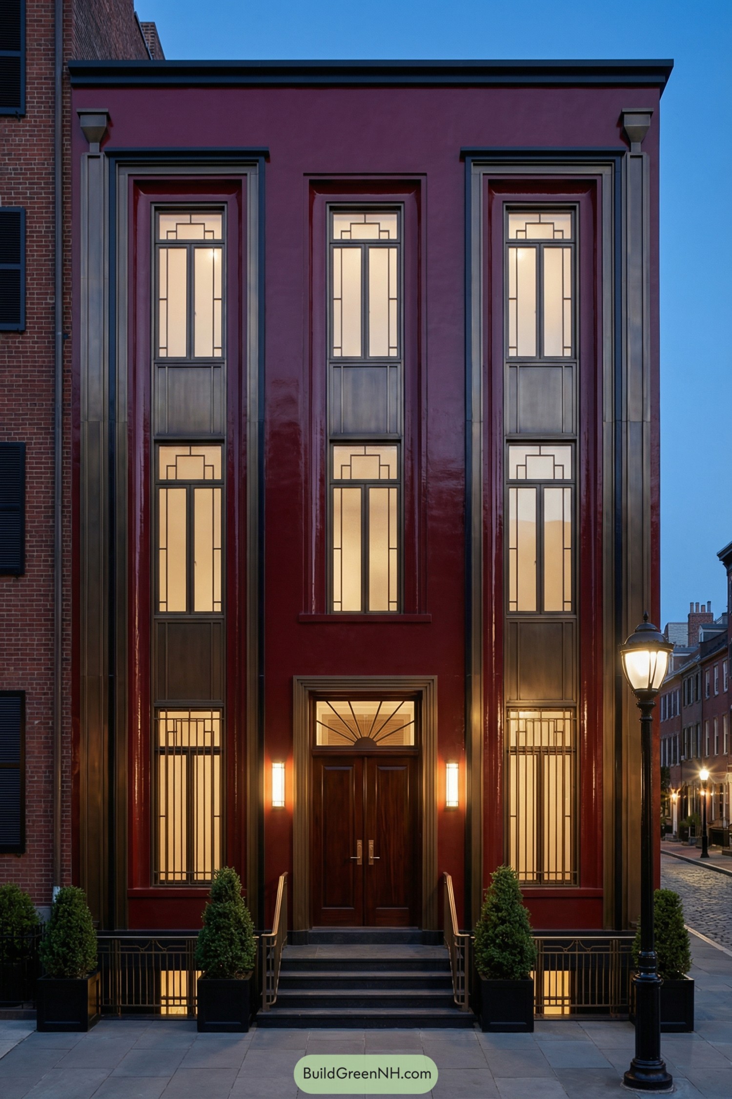 Deep red three-story art deco townhouse with tall geometric windows and bronze detailing