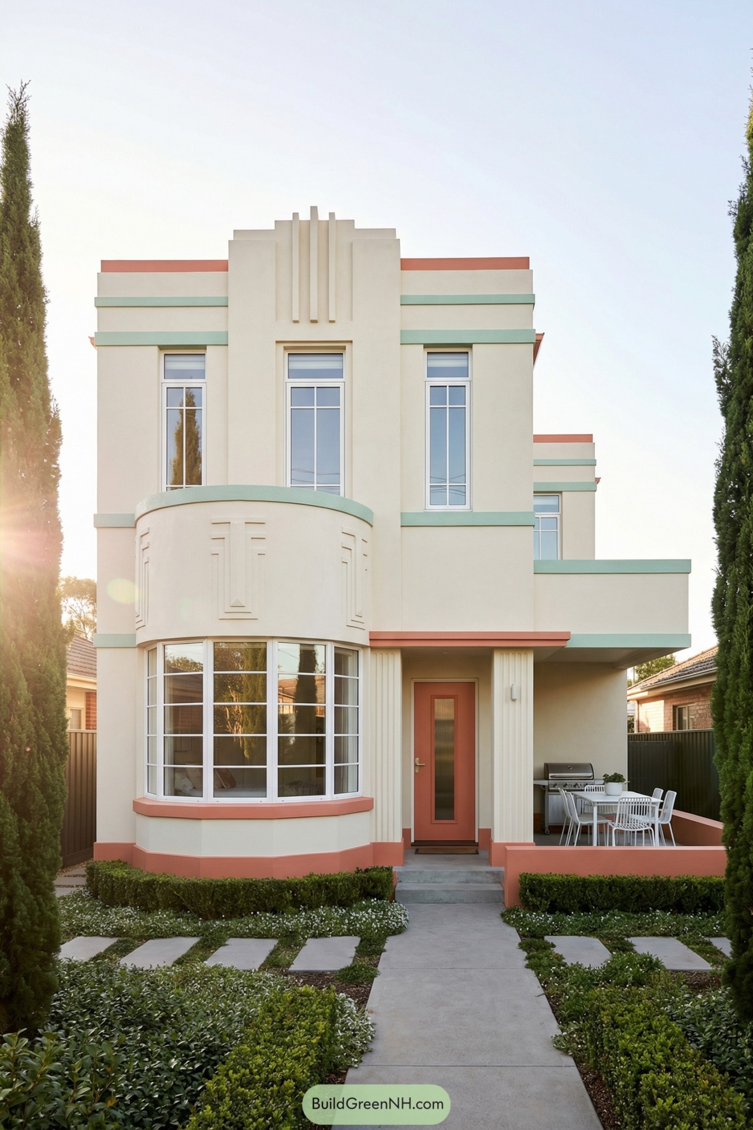 Creamy art deco townhouse with pastel bands and curved corner bay window