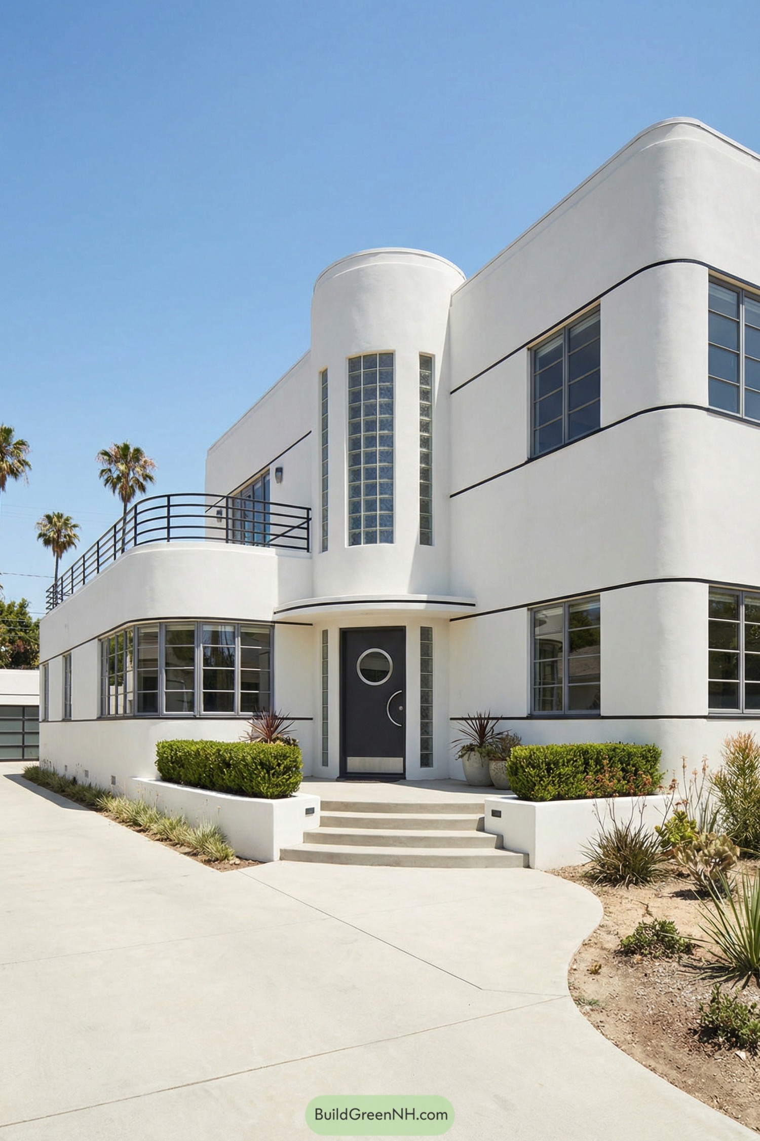 White streamline Art Deco townhouse with rounded corners and glass-block tower