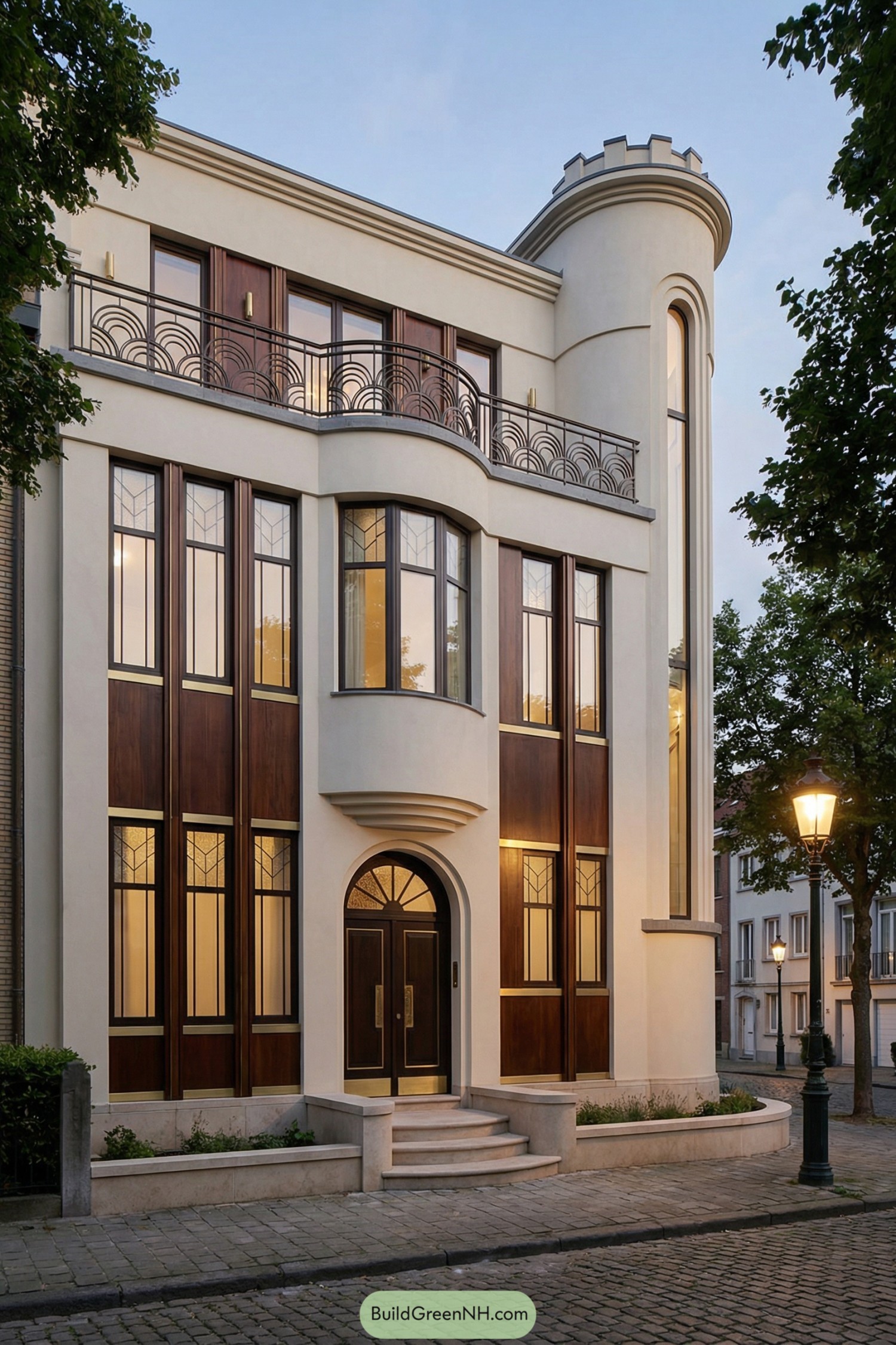 Tall cream art deco townhouse with rounded turret and wood-accented facade at dusk